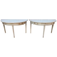 Pair Of 19th Century Gustavian Demilune Console Tables With Two Drawers