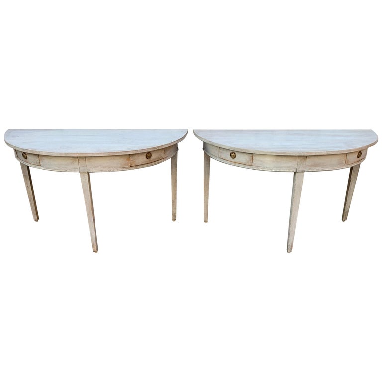 Pair Of 19th Century Gustavian Demilune Console Tables With Two Drawers ...