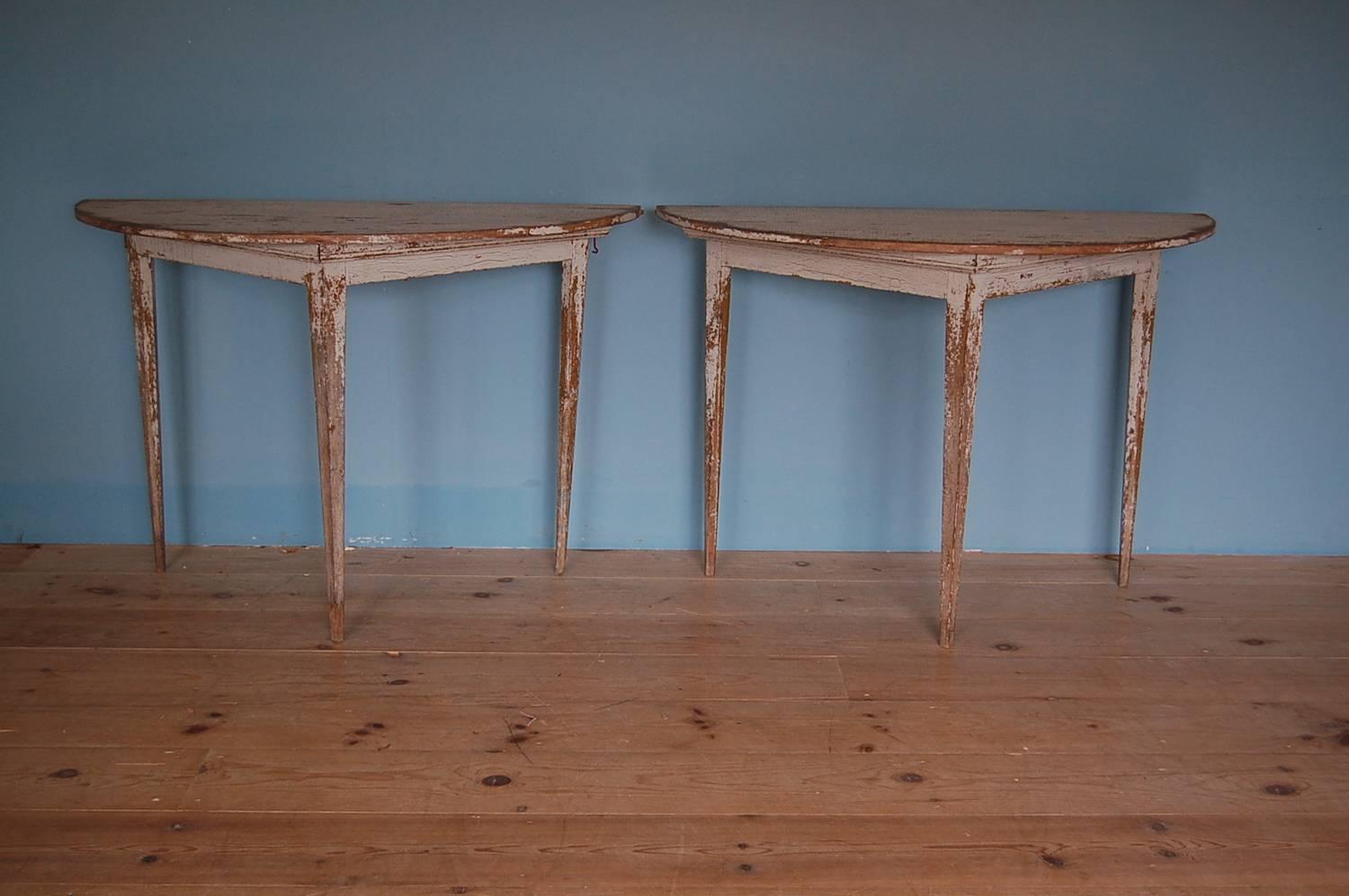 Gustavian demilune consoles, pair, origin: Sweden, circa 1800.

Provenance: Hannibal French House, Sag Harbor, dating to the period of restoration and design by Jed Johnson.