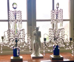 Pair of  Gustavian Girandoles, 3 Lights, Faceted Blue Crystal. , Sweden 19th