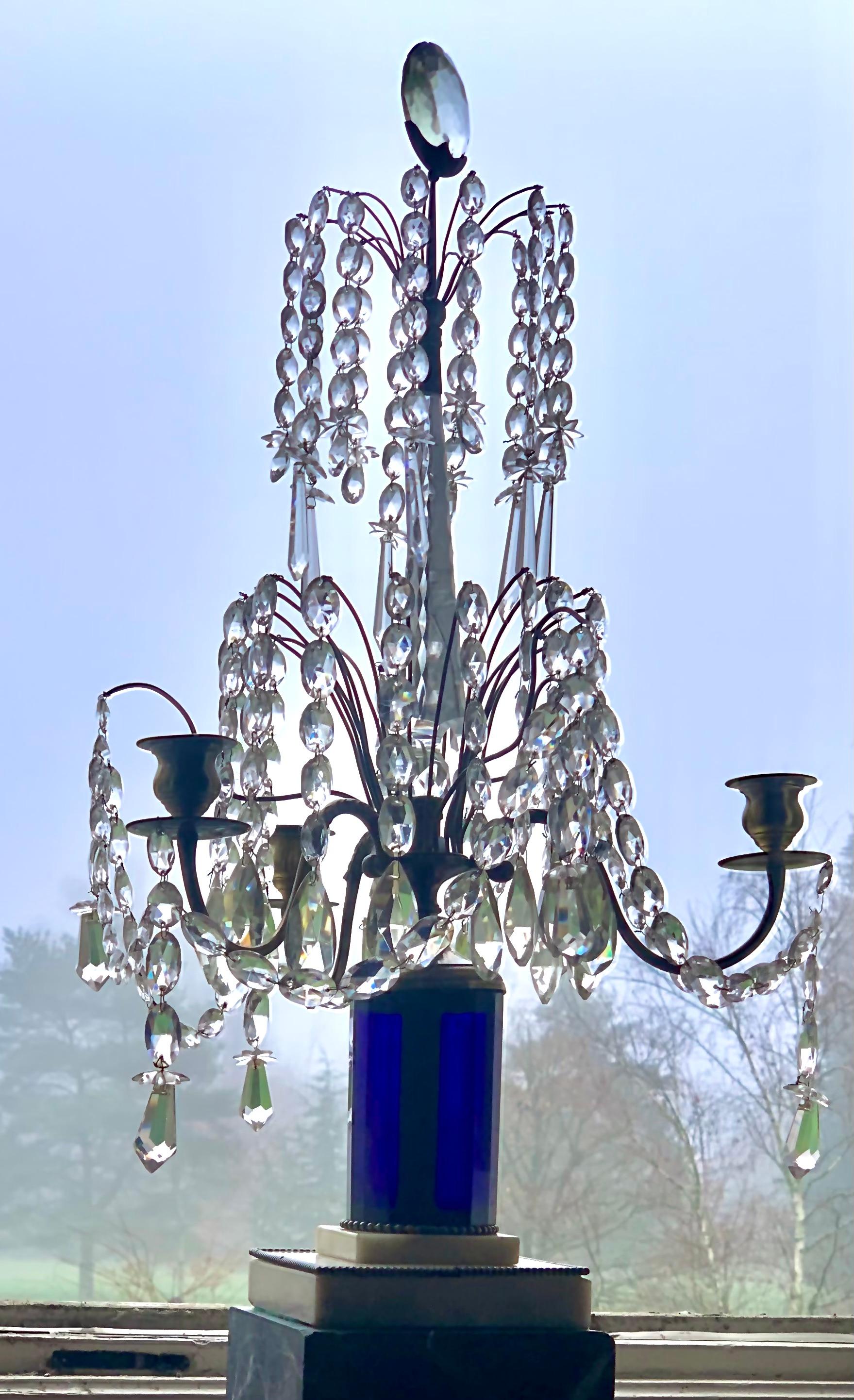 Cast Pair of  Gustavian Girandoles, 3 Lights, Faceted Blue Crystal. , Sweden 19th For Sale