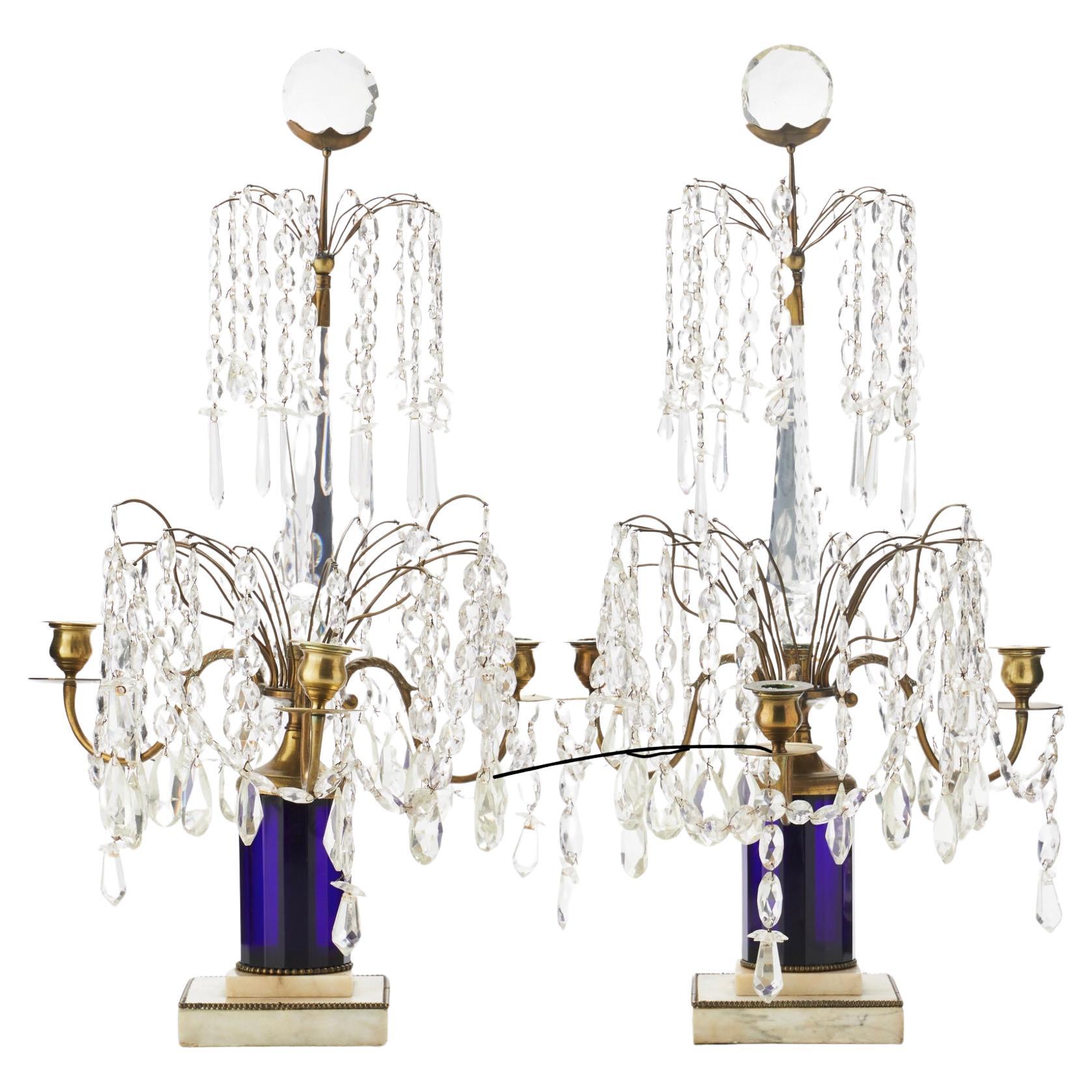 Pair of  Gustavian Girandoles, 3 Lights, Faceted Blue Crystal. , Sweden 19th For Sale