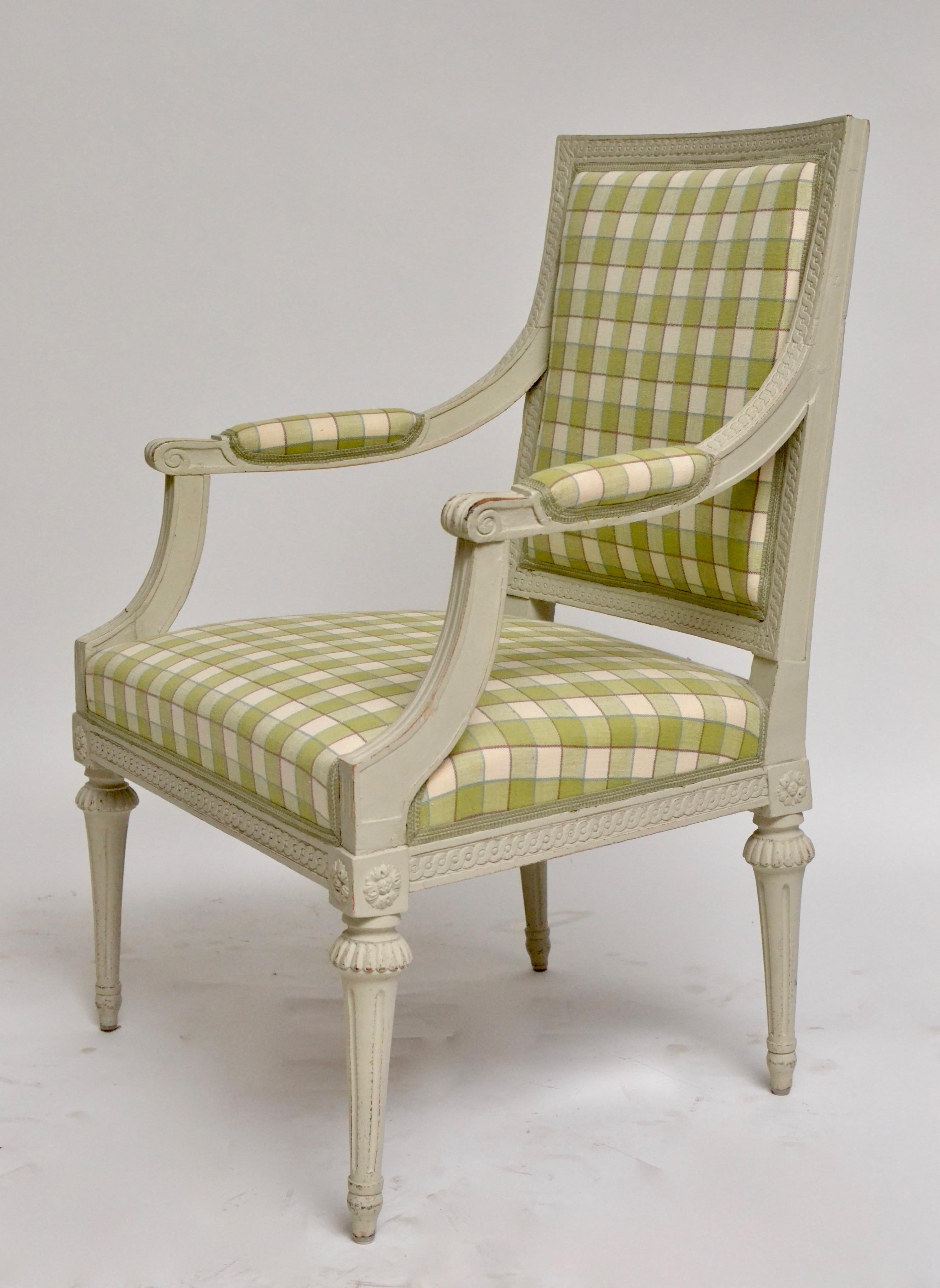 A fine pair of Gustavian grey painted armchairs made in Stockholm, circa 1780-1790. Nice condition.