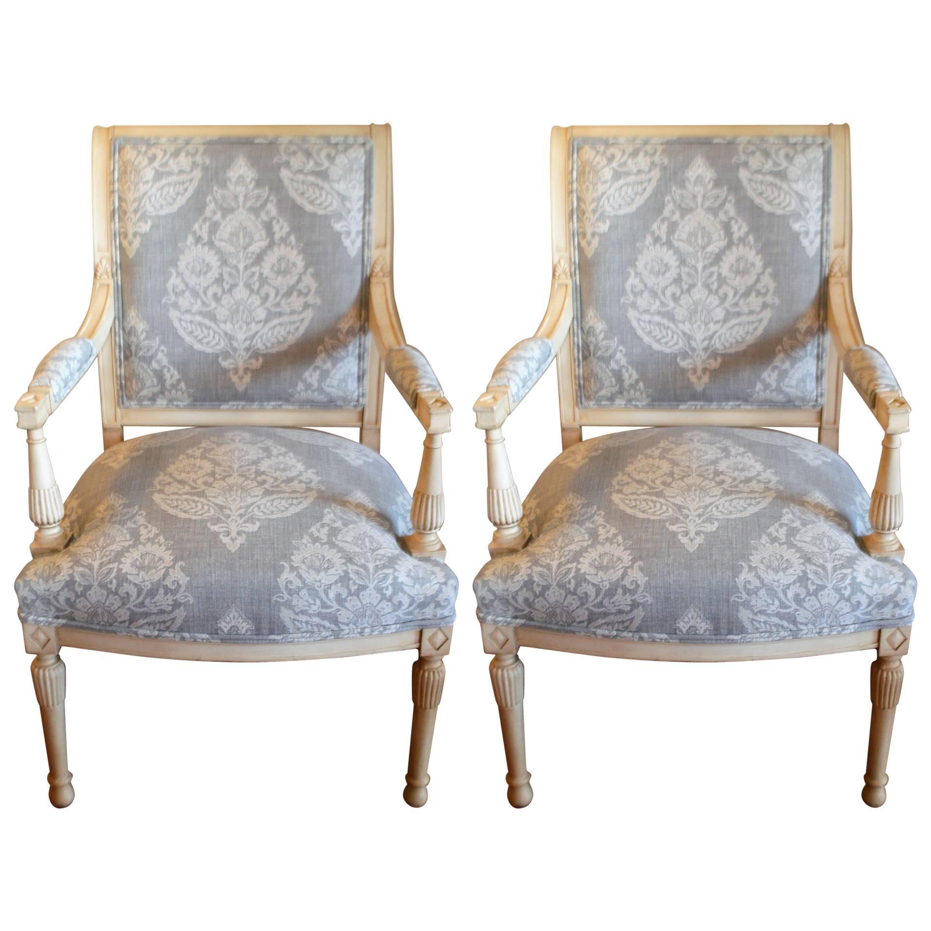 Pair of Gustavian Painted Armchairs Newly Upholstered in a Grey Damask Pattern For Sale