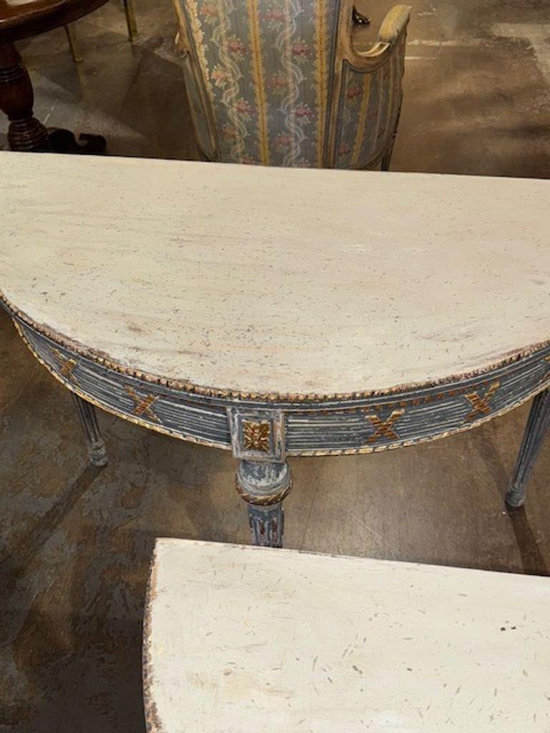 Pair of Gustavian Painted Demi-Lune Consoles For Sale 1