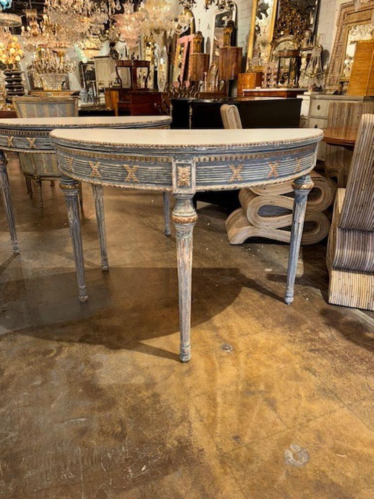 Pair of Gustavian Painted Demi-Lune Consoles For Sale 2
