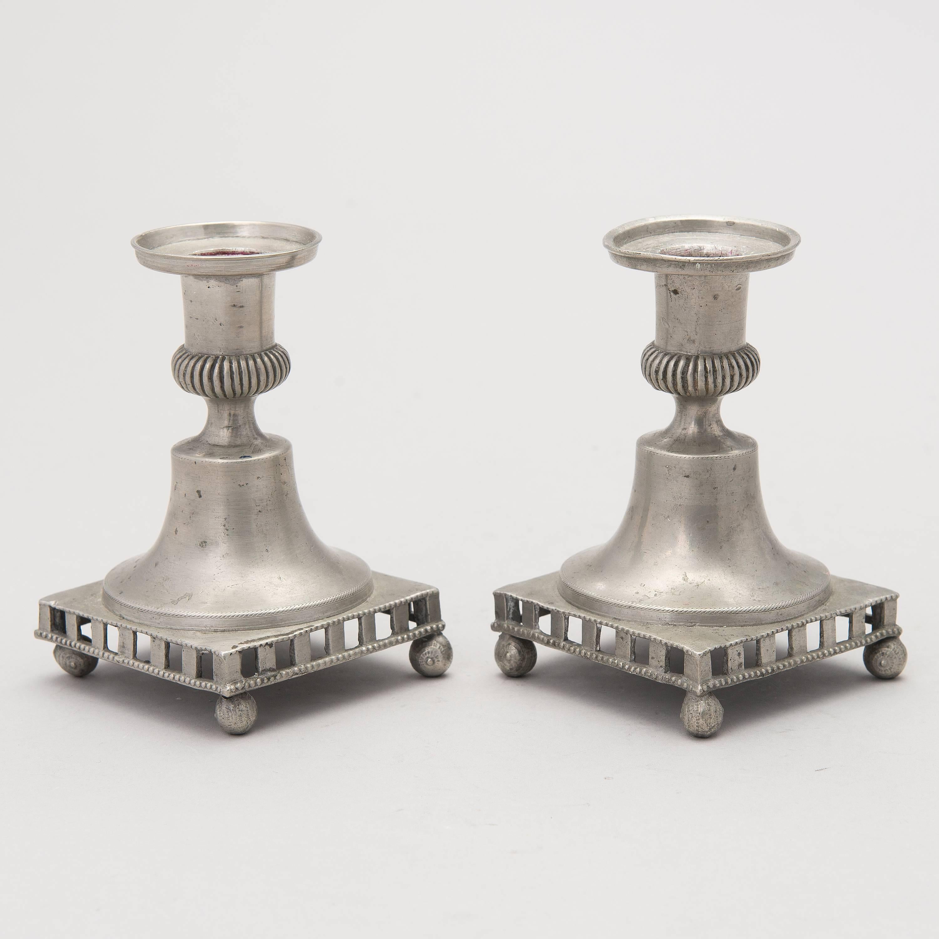 Pair of Gustavian pewter candlesticks by Melchior Leffler, circa 1800, Visby.
