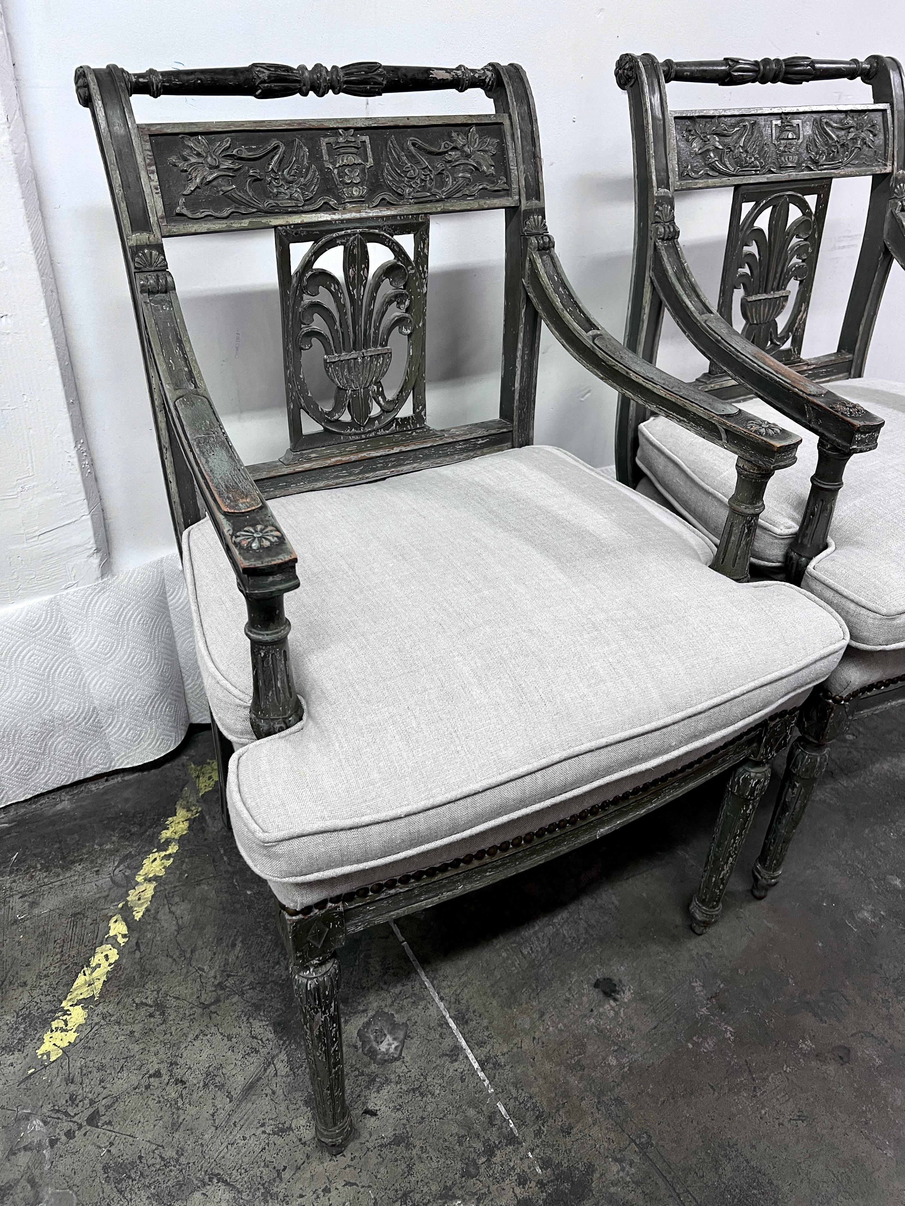 Wood Pair of Gustavian Side Chairs with Linen Upholstery Late 18th Century  For Sale