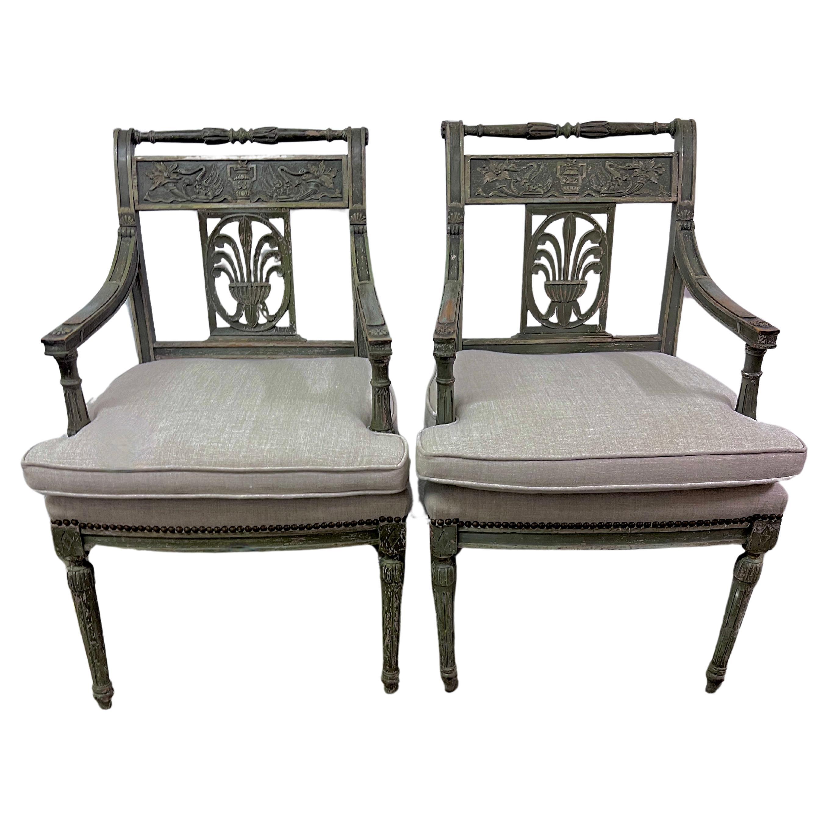 Pair of Gustavian Side Chairs with Linen Upholstery Late 18th Century  For Sale