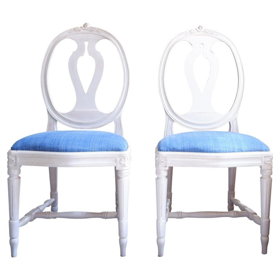 Pair of Gustavian Single Rose Carved Chairs with Carved Detailing For Sale