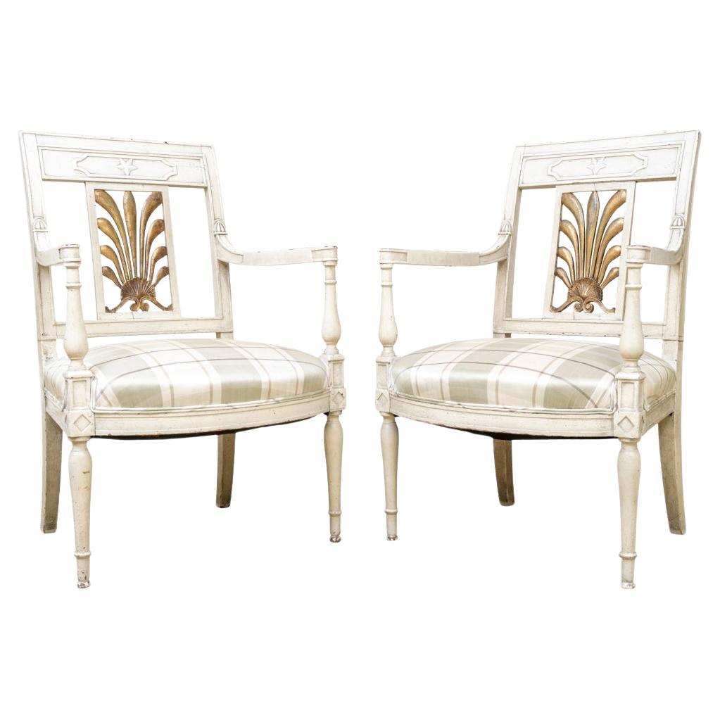 Pair Of Gustavian Style Armchairs With Gilt Plume & Shell Motif For Sale