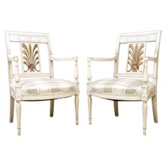 Vintage Pair Of Gustavian Style Armchairs With Gilt Plume & Shell Motif