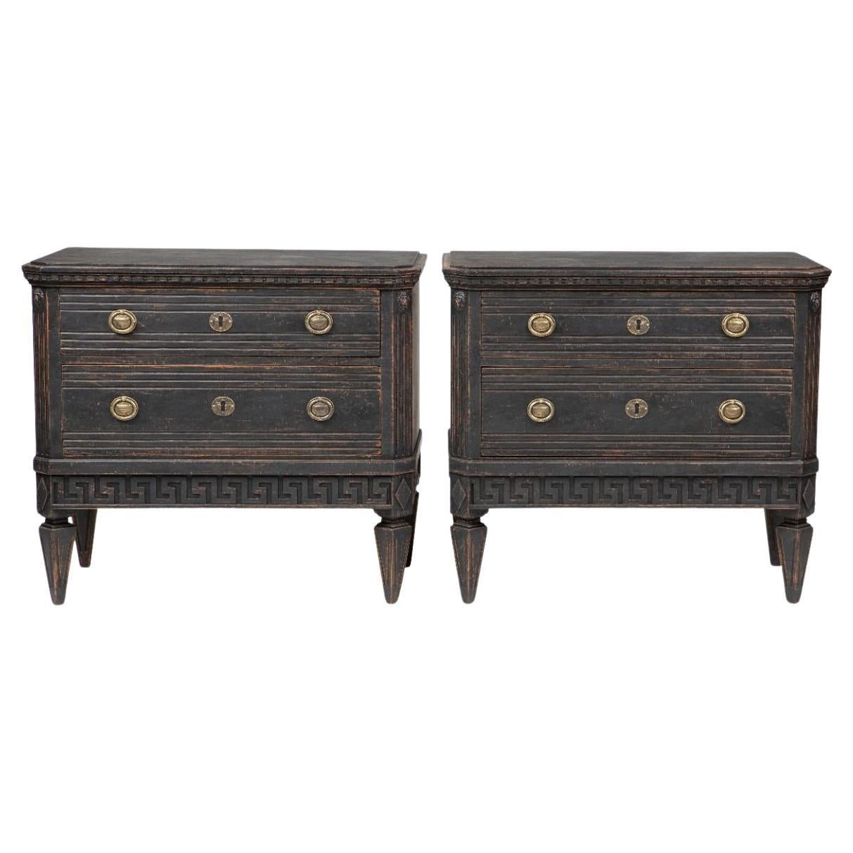 Pair of Gustavian-Style Black Painted Commodes / Bedside Tables For Sale