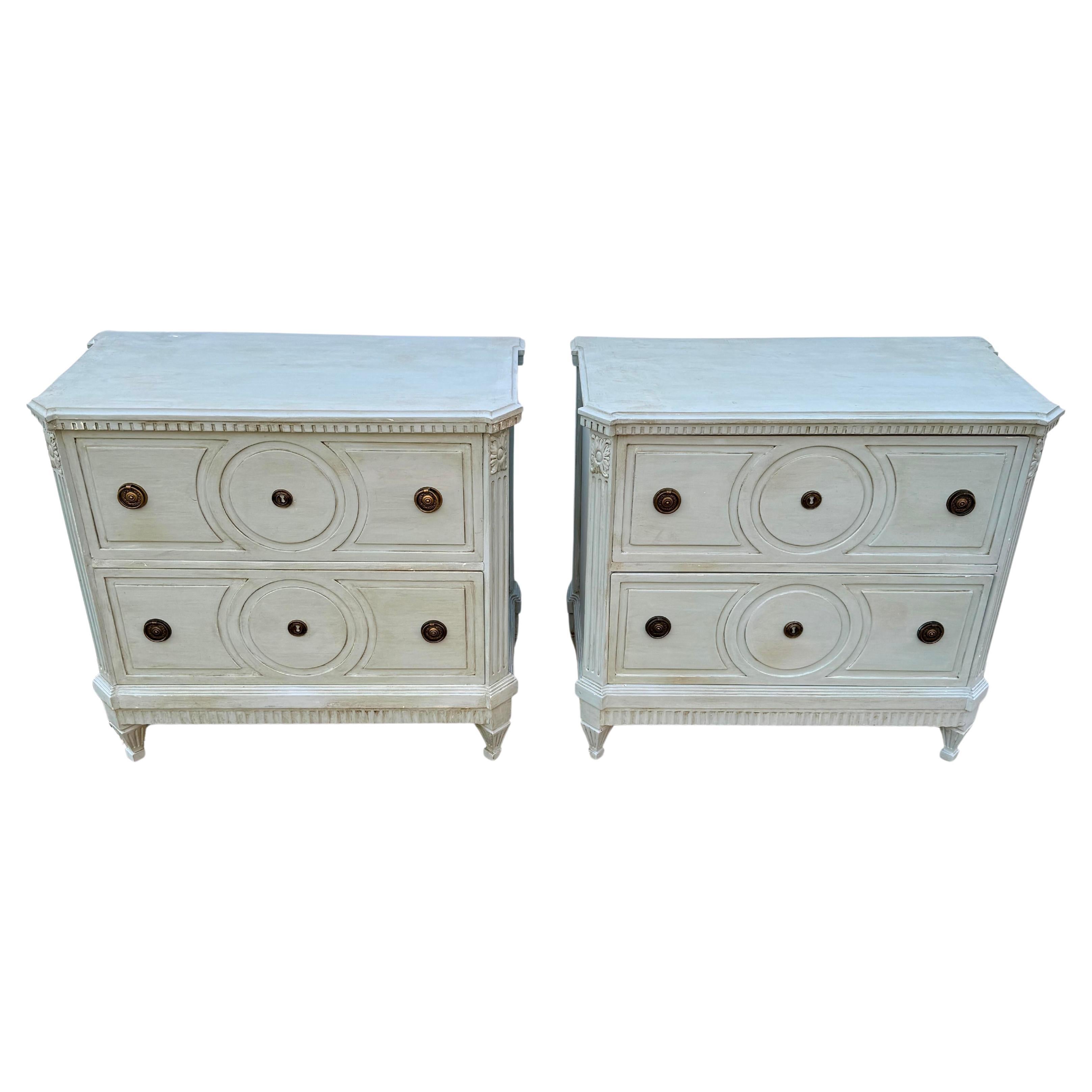 Swedish Gustavian Style Blue Painted Chest of Drawers Commodes, A Pair

Classic Pair Swedish Style Painted Chest of Drawers. Two drawer chests based on an 18th Century Gustavian antique chests. Hand made and hand painted with solid wood legs and