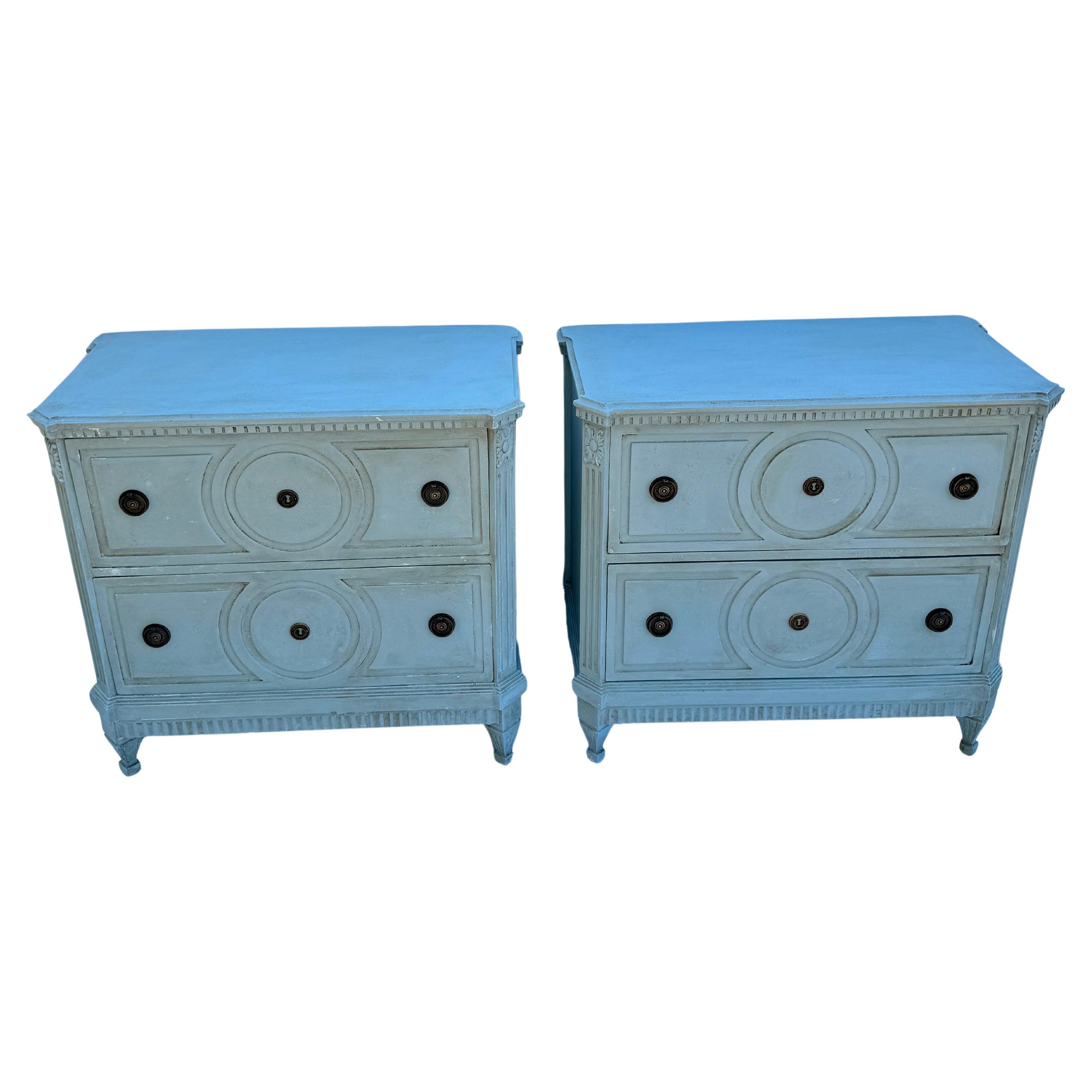 Swedish Gustavian Style Blue Painted Chest of Drawers Commodes, A Pair

Classic Pair Swedish Style Painted Chest of Drawers. Two drawer chests based on an 18th Century Gustavian antique chests. Hand made and hand painted with solid wood legs and