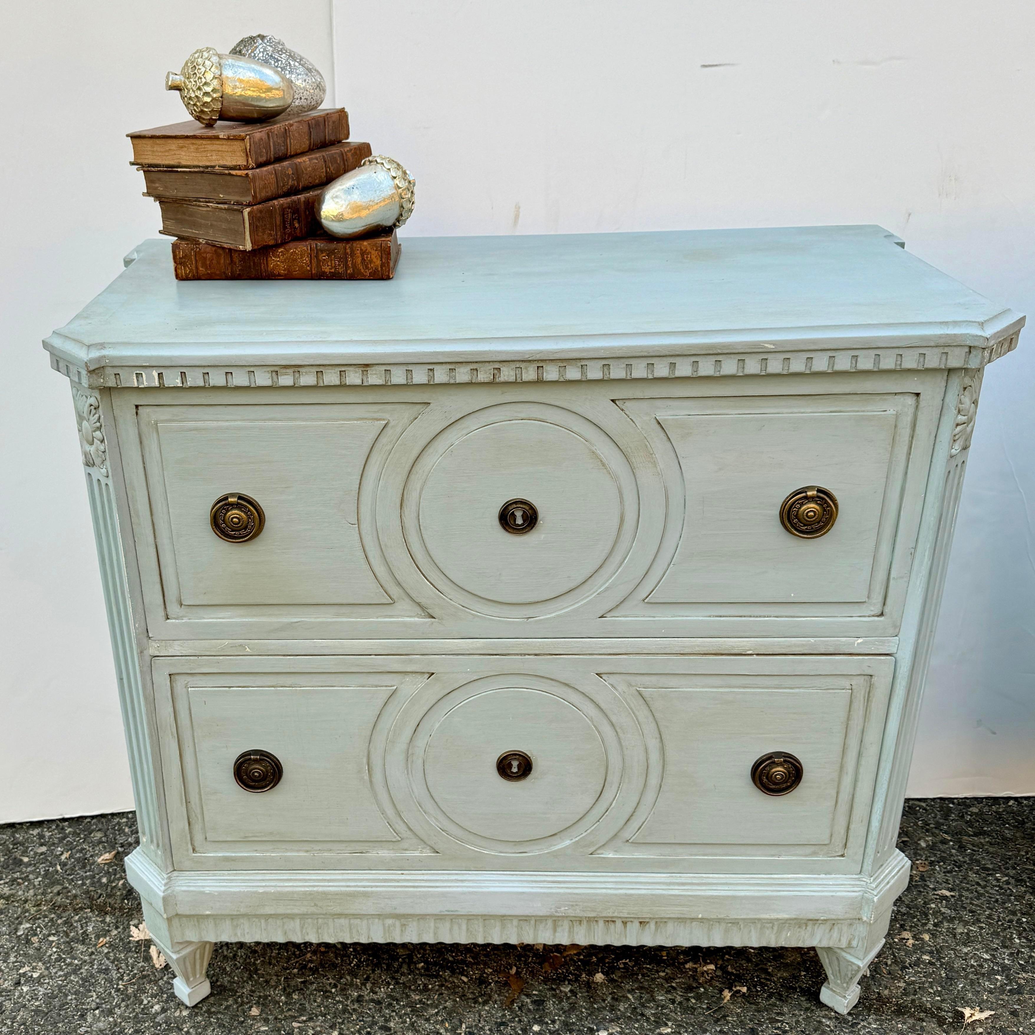European Pair of Gustavian Style Blue Painted Chest of Drawers Commodes