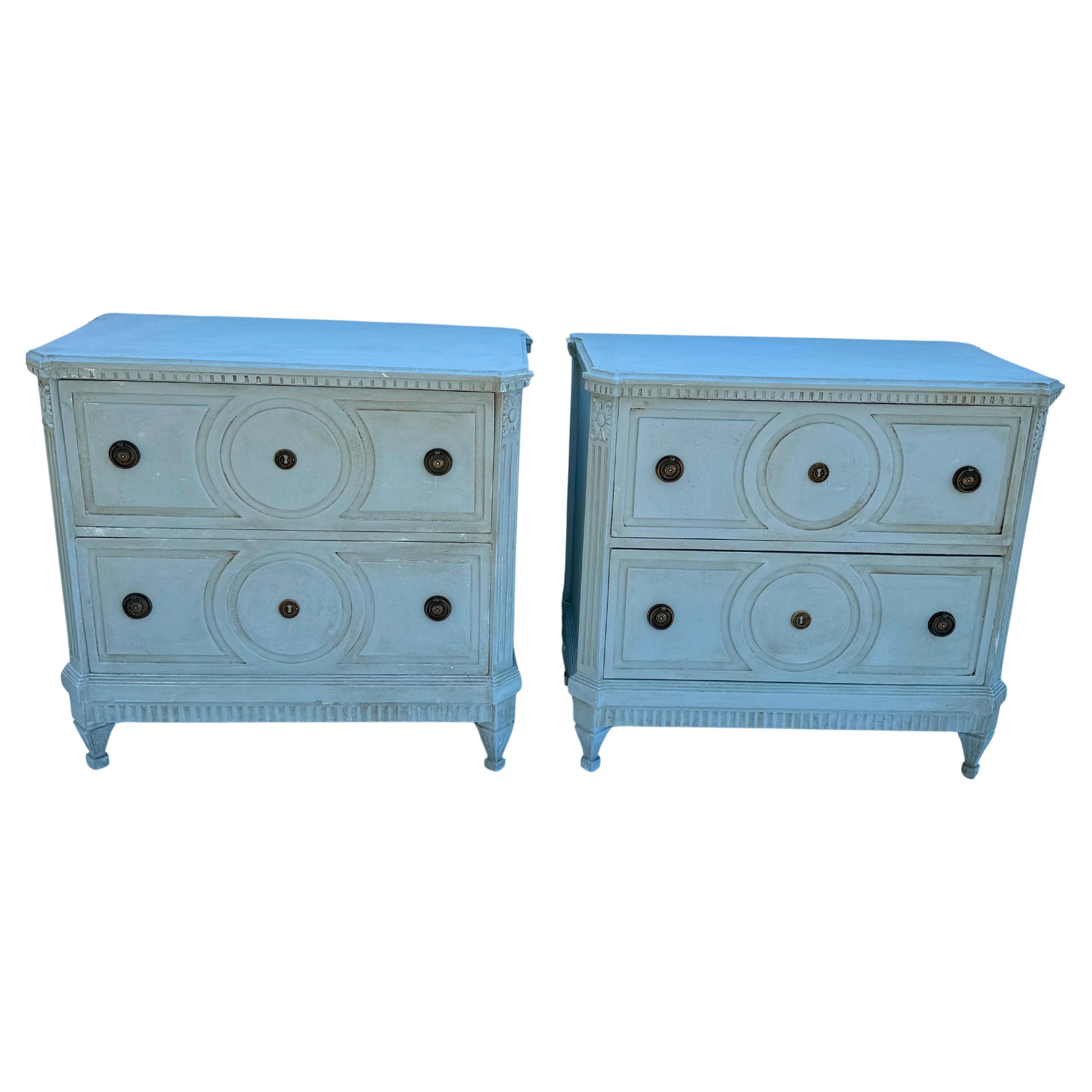 European Pair of Gustavian Style Blue Painted Chest of Drawers Commodes For Sale