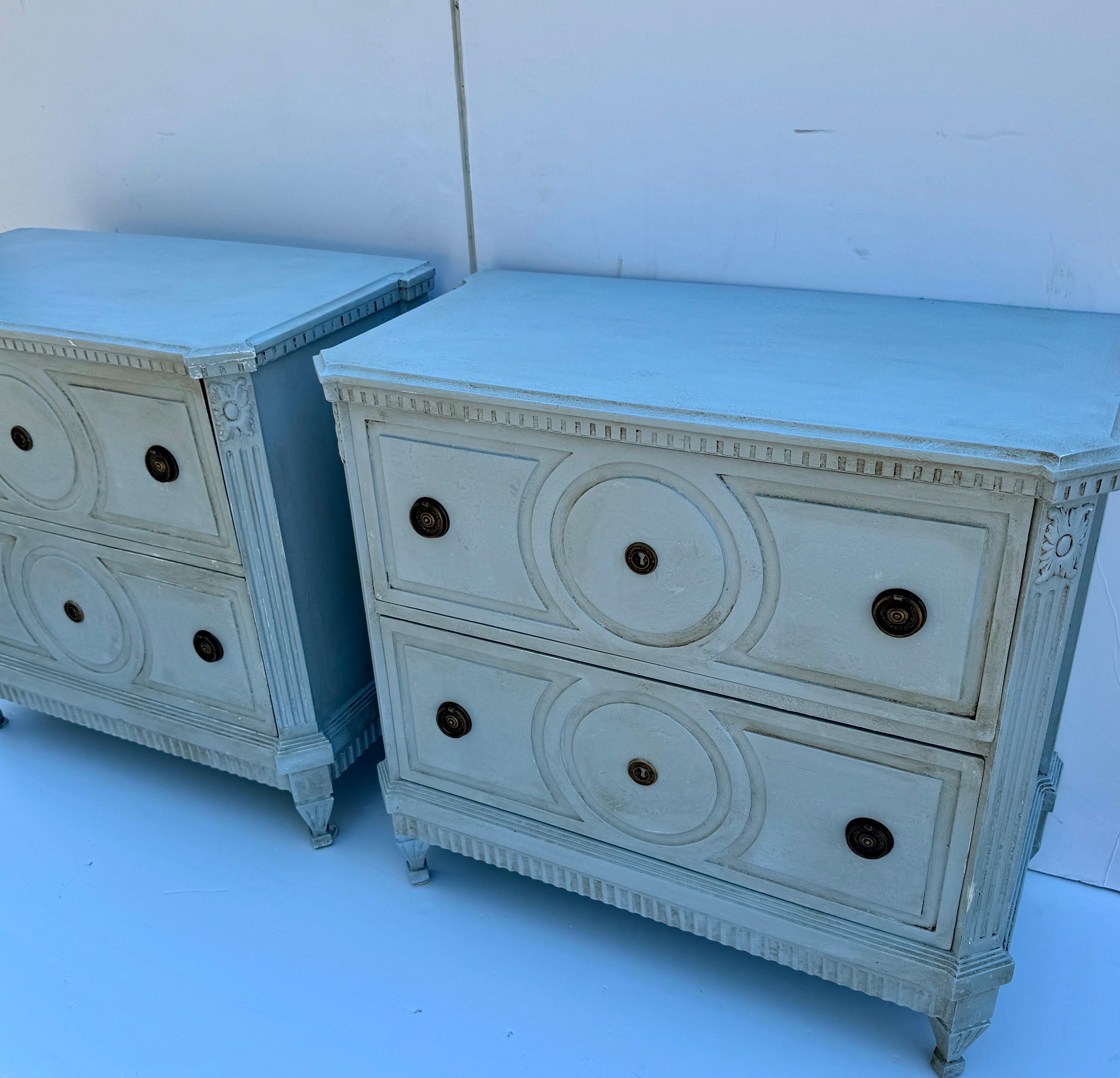 Hand-Crafted Pair of Gustavian Style Blue Painted Chest of Drawers Commodes For Sale