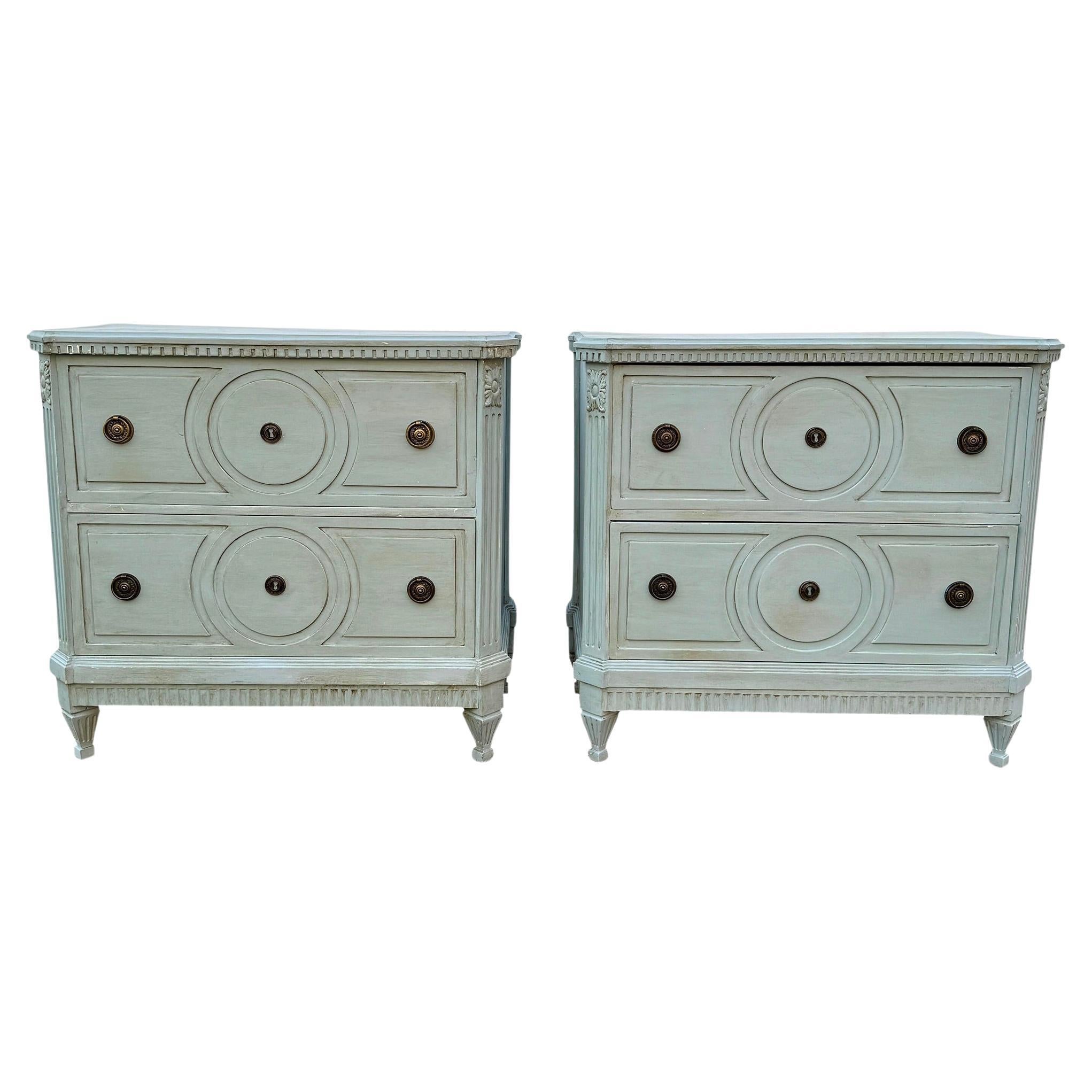 Hand-Crafted Pair of Gustavian Style Blue Painted Chest of Drawers Commodes