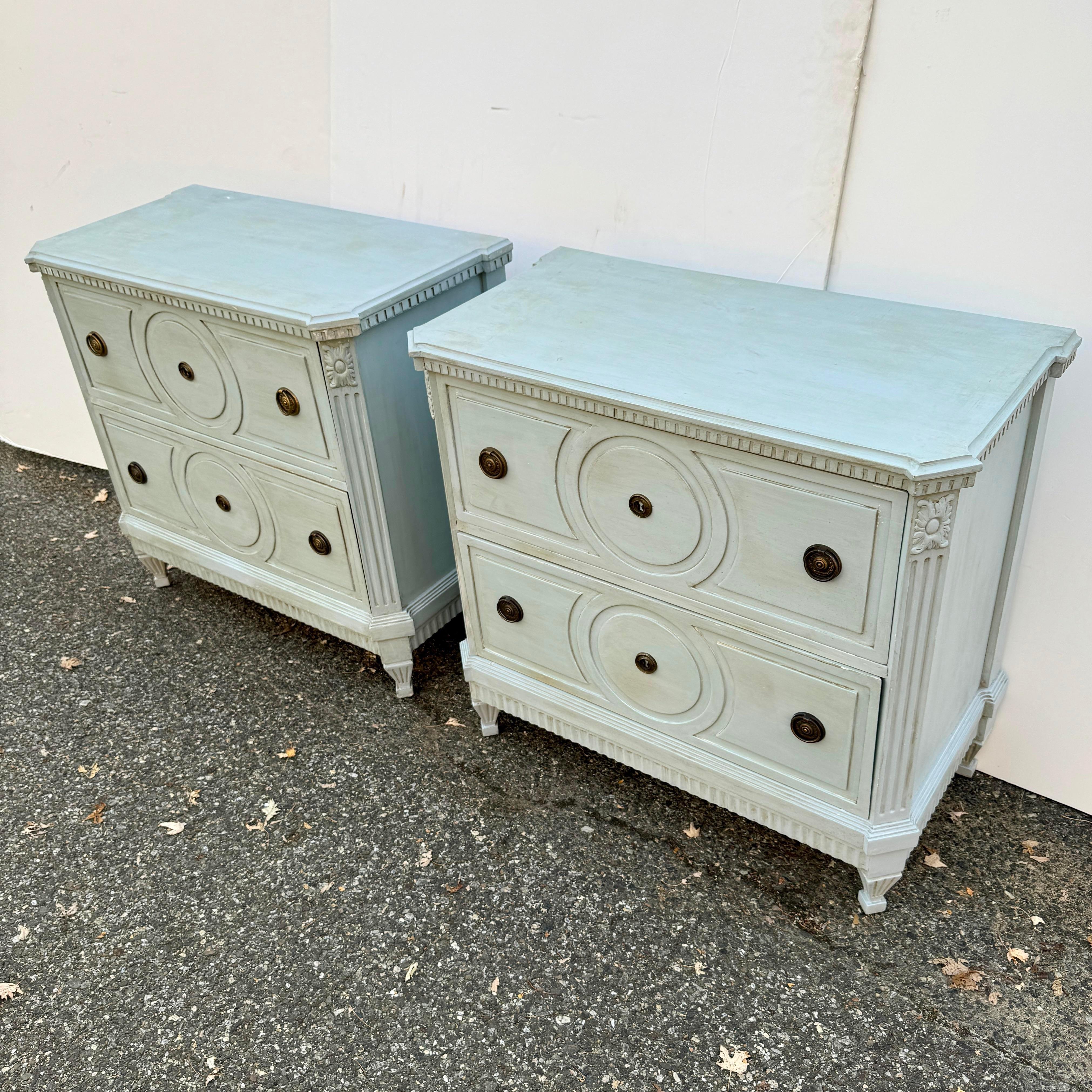 Contemporary Pair of Gustavian Style Blue Painted Chest of Drawers Commodes