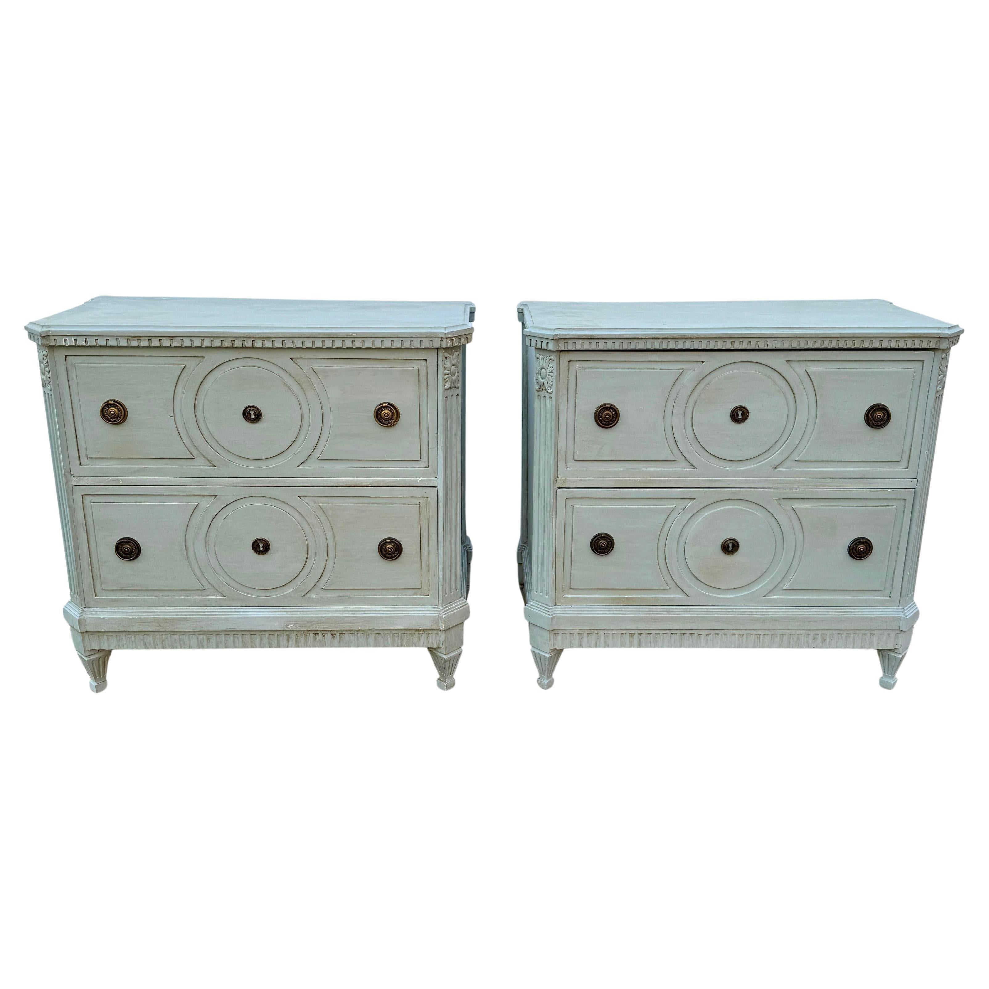 Pair of Gustavian Style Blue Painted Chest of Drawers Commodes
