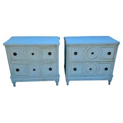Pair of Gustavian Style Blue Painted Chest of Drawers Commodes
