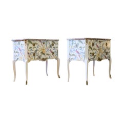Pair of Gustavian Style Commode in Antique White with Exotic Birds Design and Na