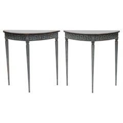 Pair of Gustavian Style Demi-Lune tables in Blue and Black