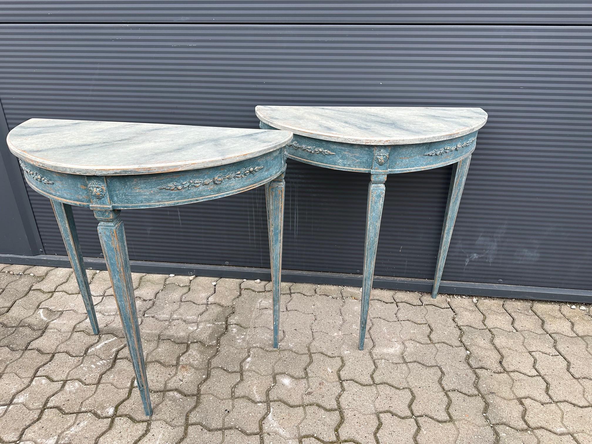 Swedish Pair of Gustavian-Style Demilune Console Tables, Sweden Approx. 1900 For Sale