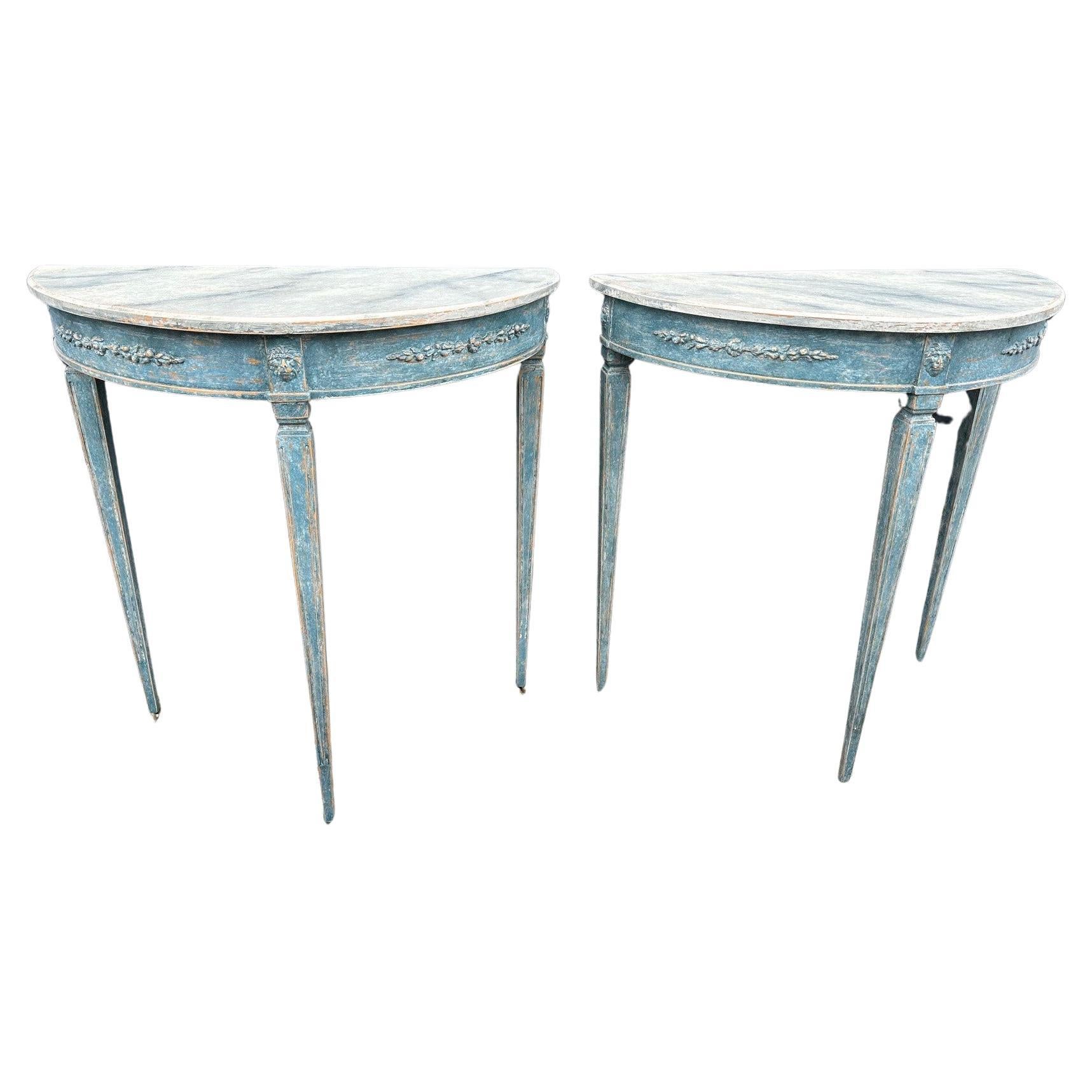 Pair of Gustavian-Style Demilune Console Tables, Sweden Approx. 1900 For Sale