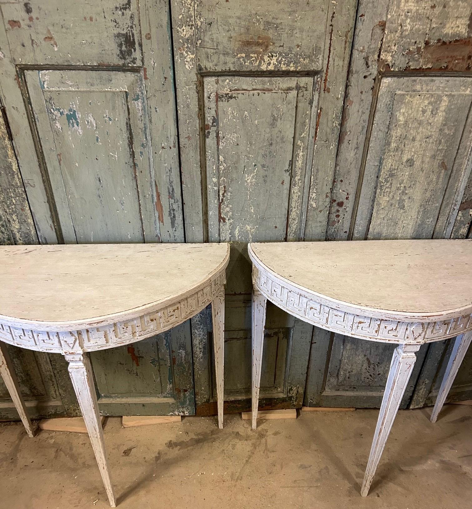 Swedish Pair of Gustavian-Style Demilune Console Tables, Sweden c. 1900