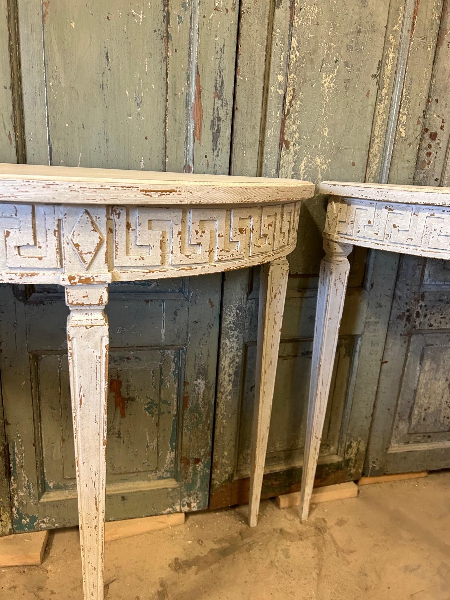 Painted Pair of Gustavian-Style Demilune Console Tables, Sweden c. 1900