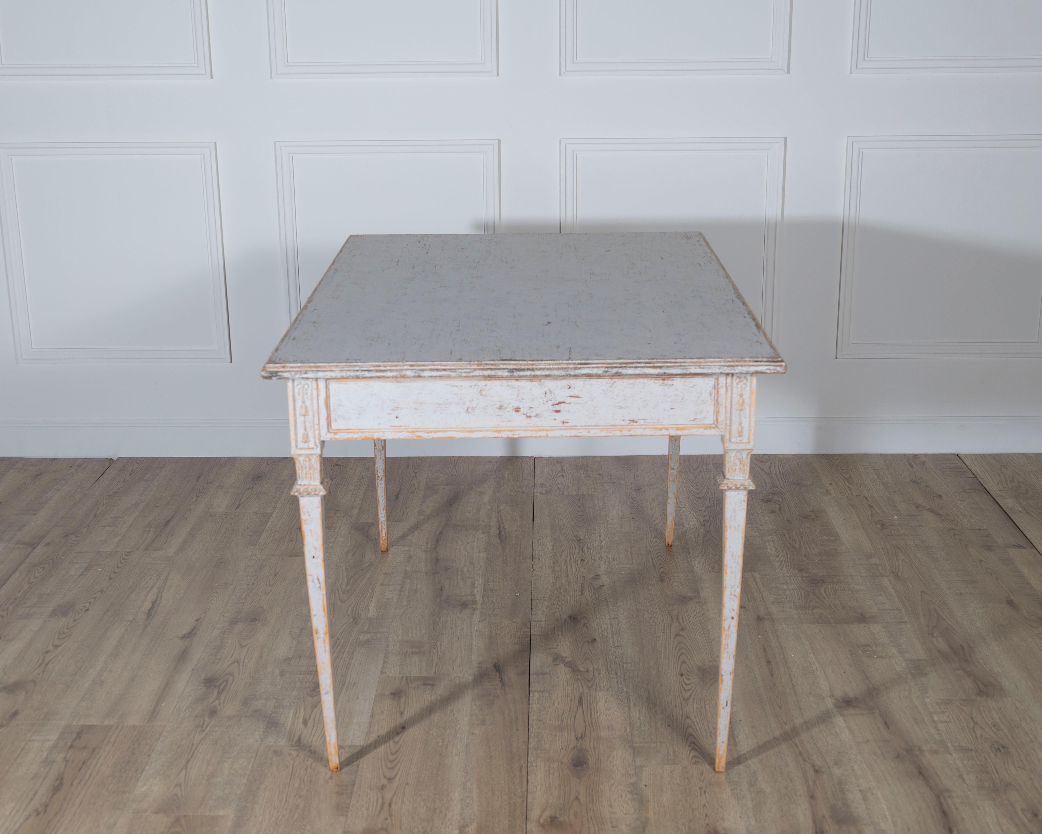 Pine Pair of Gustavian Style Painted Tables, Repainted in Light Gray For Sale