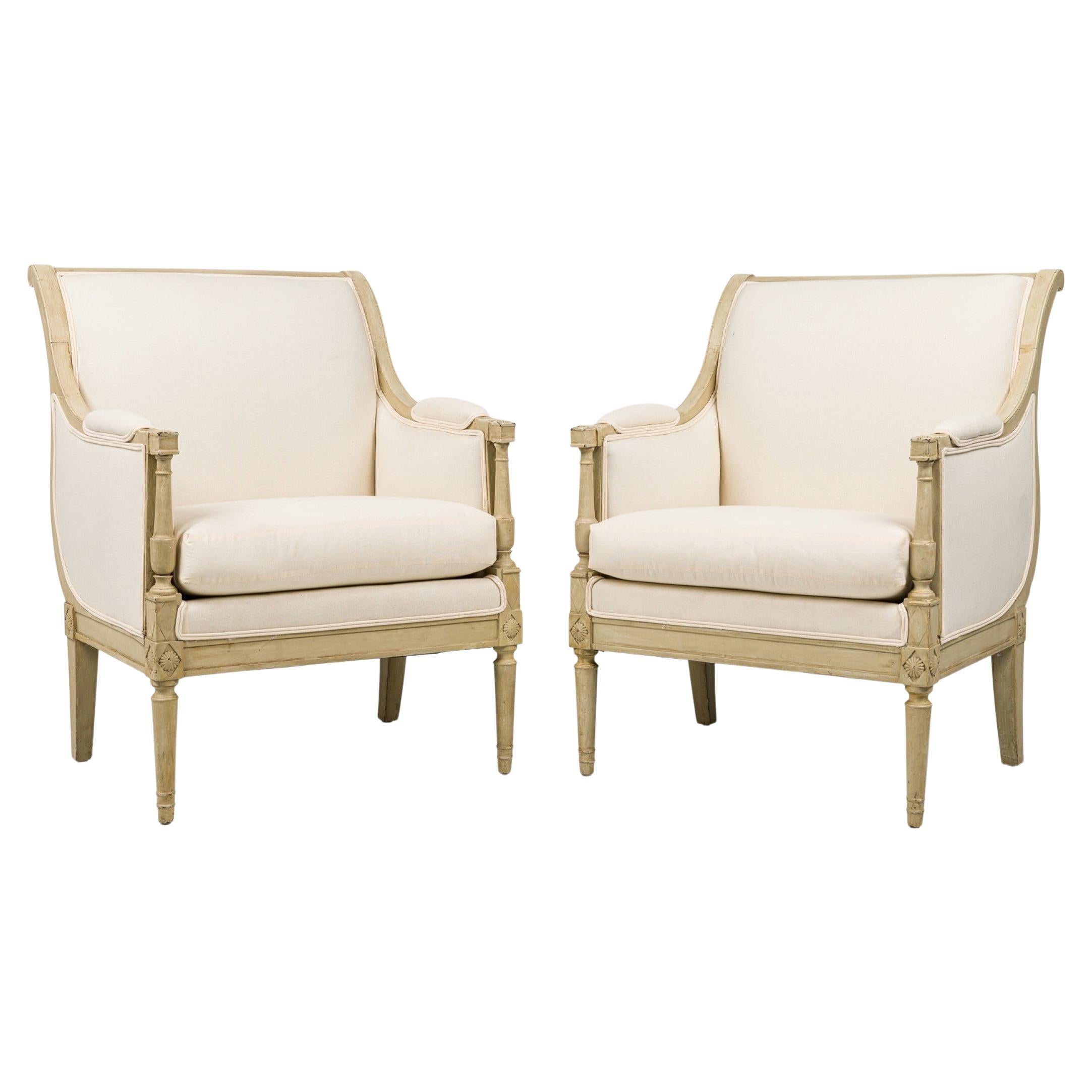 Pair of Gustavian Swedish Beige Upholstered Bergere Armchairs For Sale