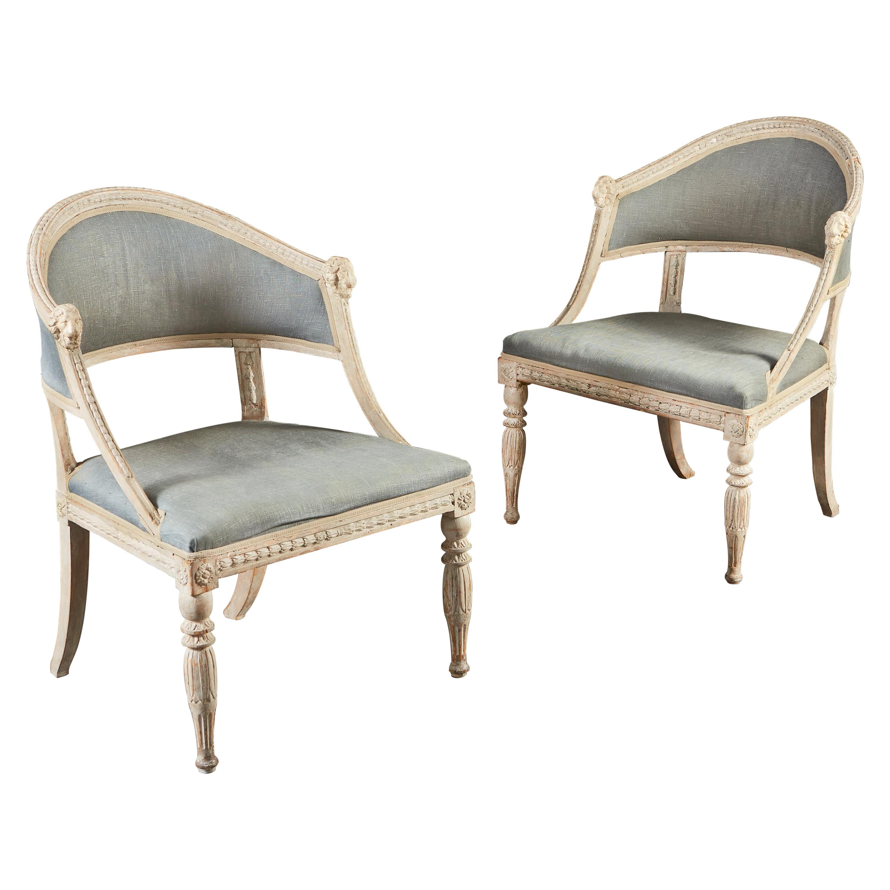Pair of Gustavian Swedish Painted Armchairs With Blue Linen Upholstery
