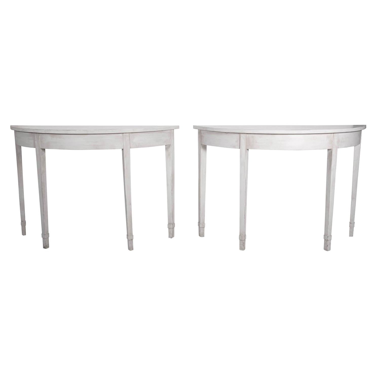 Pair of Gustavian White Painted Demilune Table