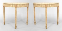 Pair of Gustavian White Painted Marble Top Demilune Consoles
