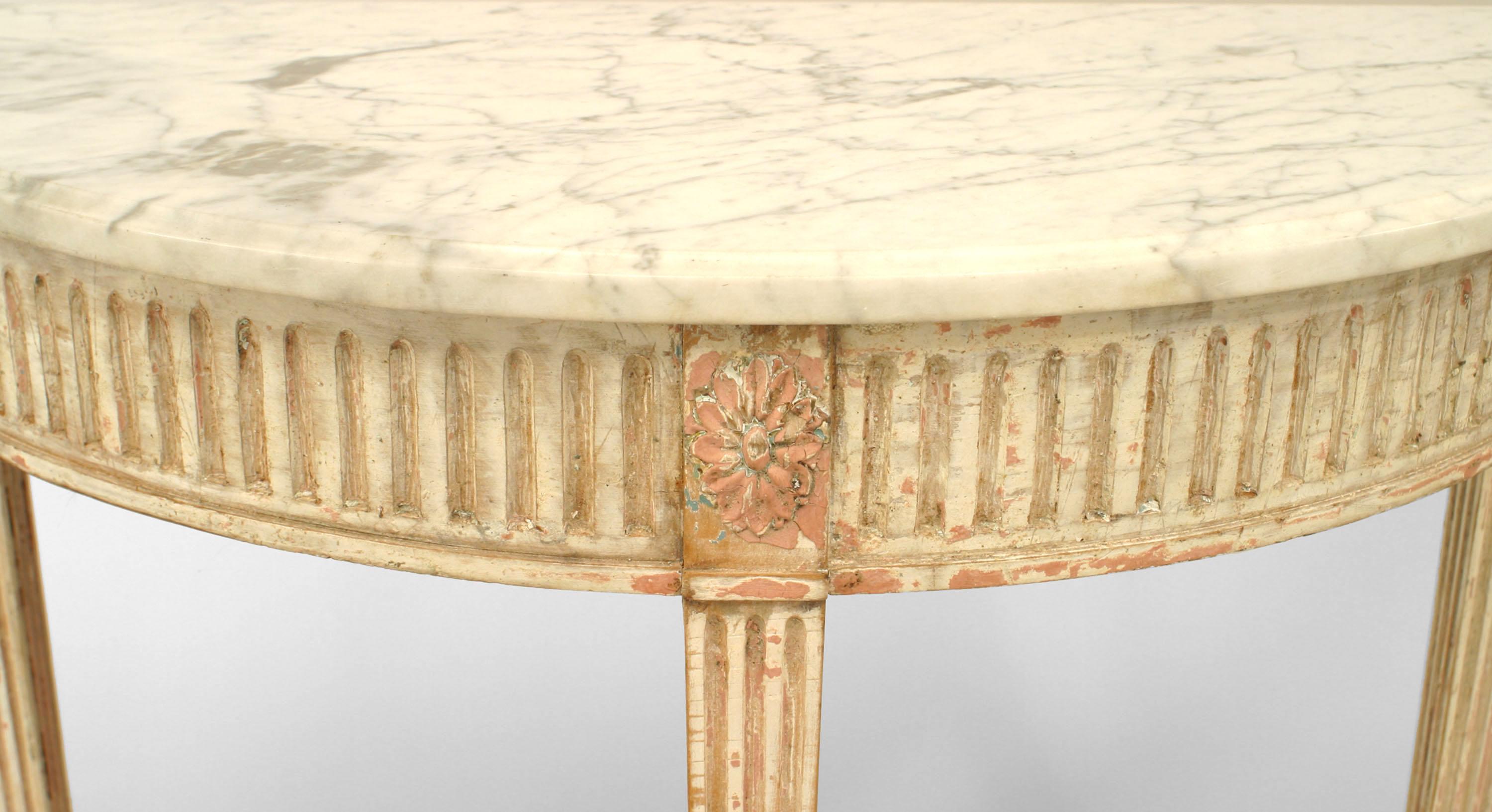 Pair of Gustavian White Painted Marble Top Demilune Consoles In Good Condition In New York, NY