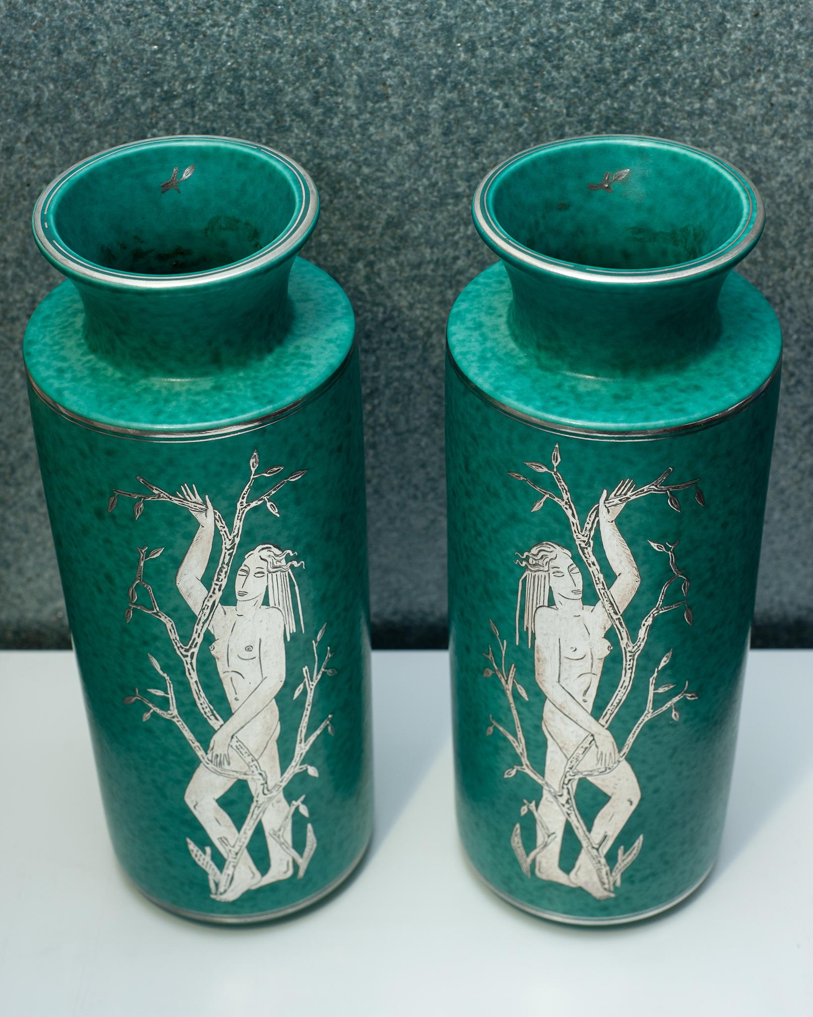 Swedish Pair of Gustavsberg ‘Argenta’ Green Glazed Vases by Wilhelm Kåge