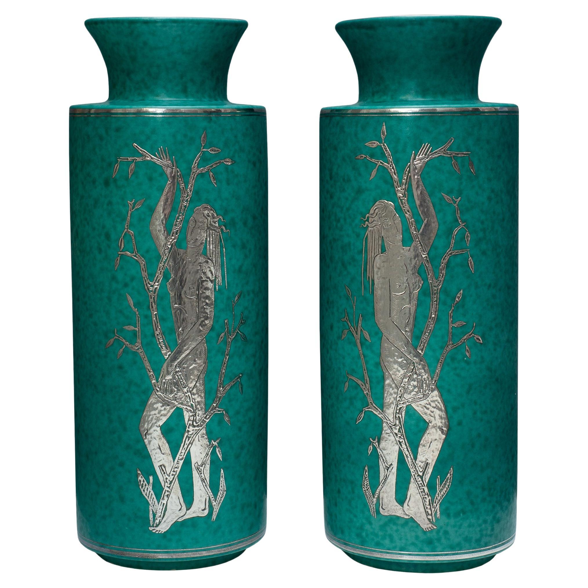 Pair of Gustavsberg ‘Argenta’ Green Glazed Vases by Wilhelm Kåge