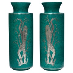 Gustavsberg Argenta-Vasen von Wilhelm Kge, grün glasiert, Paar