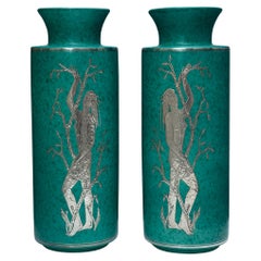 Pair of Gustavsberg ‘Argenta’ Green Glazed Vases by Wilhelm Kåge