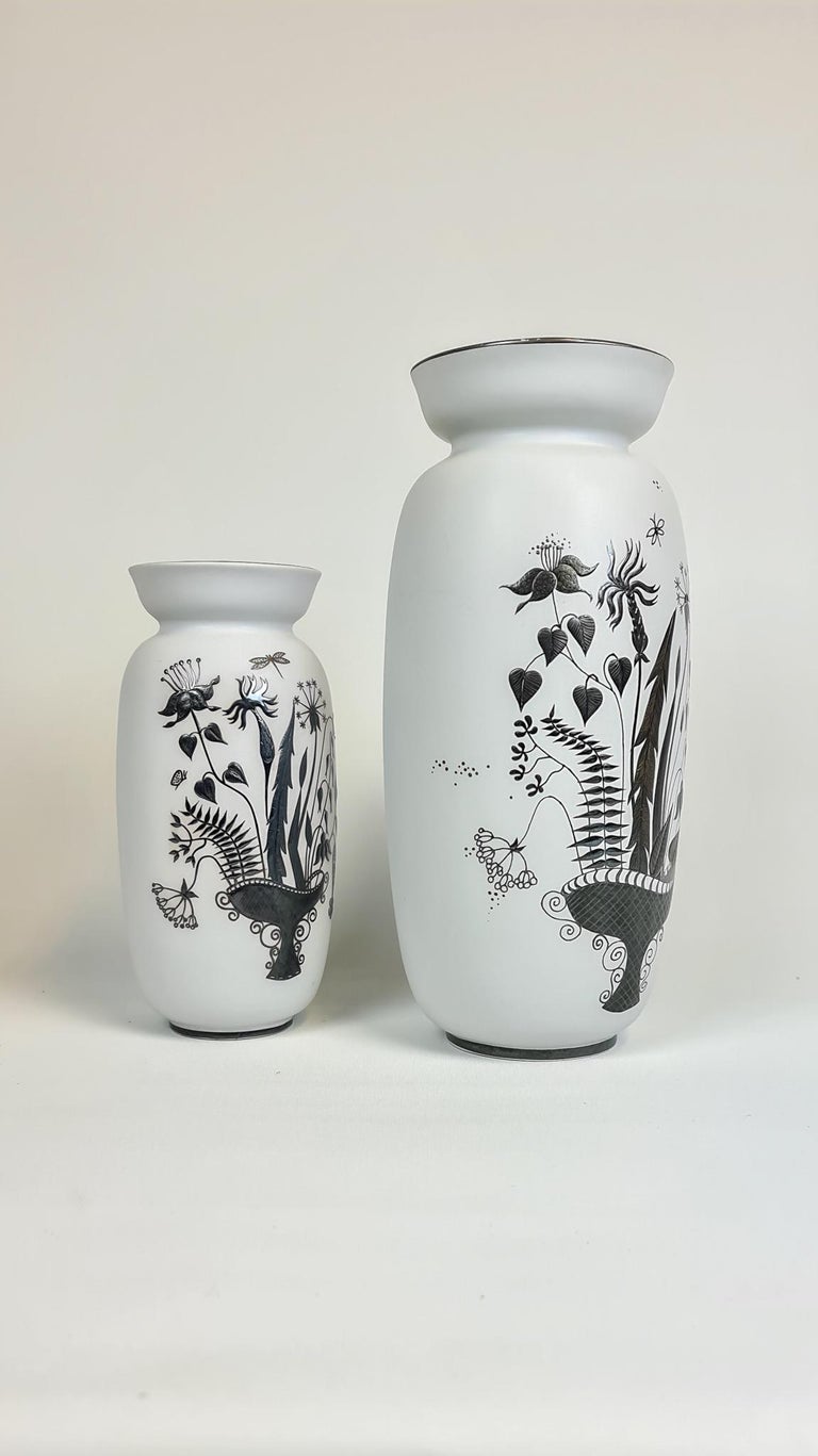 Mid-Century Modern Pair of Gustavsberg Ceramic Vases with Silver Overlay Stig Lindberg, Grazia For Sale