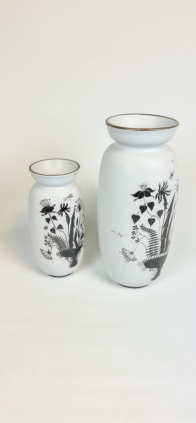 Swedish Pair of Gustavsberg Ceramic Vases with Silver Overlay Stig Lindberg, Grazia For Sale