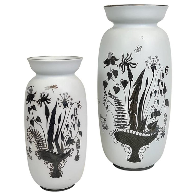 Pair of Gustavsberg Ceramic Vases with Silver Overlay Stig Lindberg, Grazia For Sale