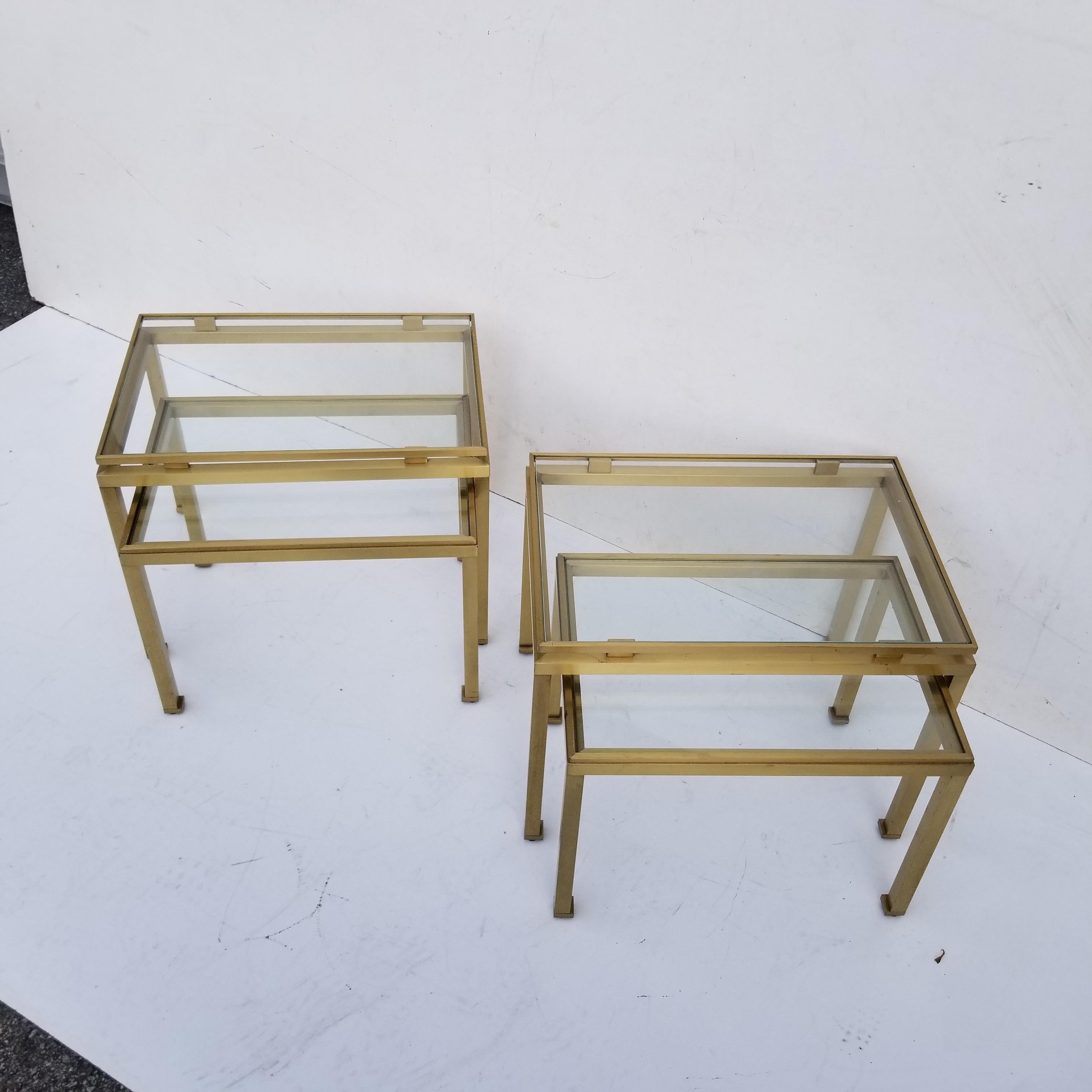 Mid-Century Modern Pair of Guy Lefevre for Maison Jansen Brass and Glass Top Side Table For Sale