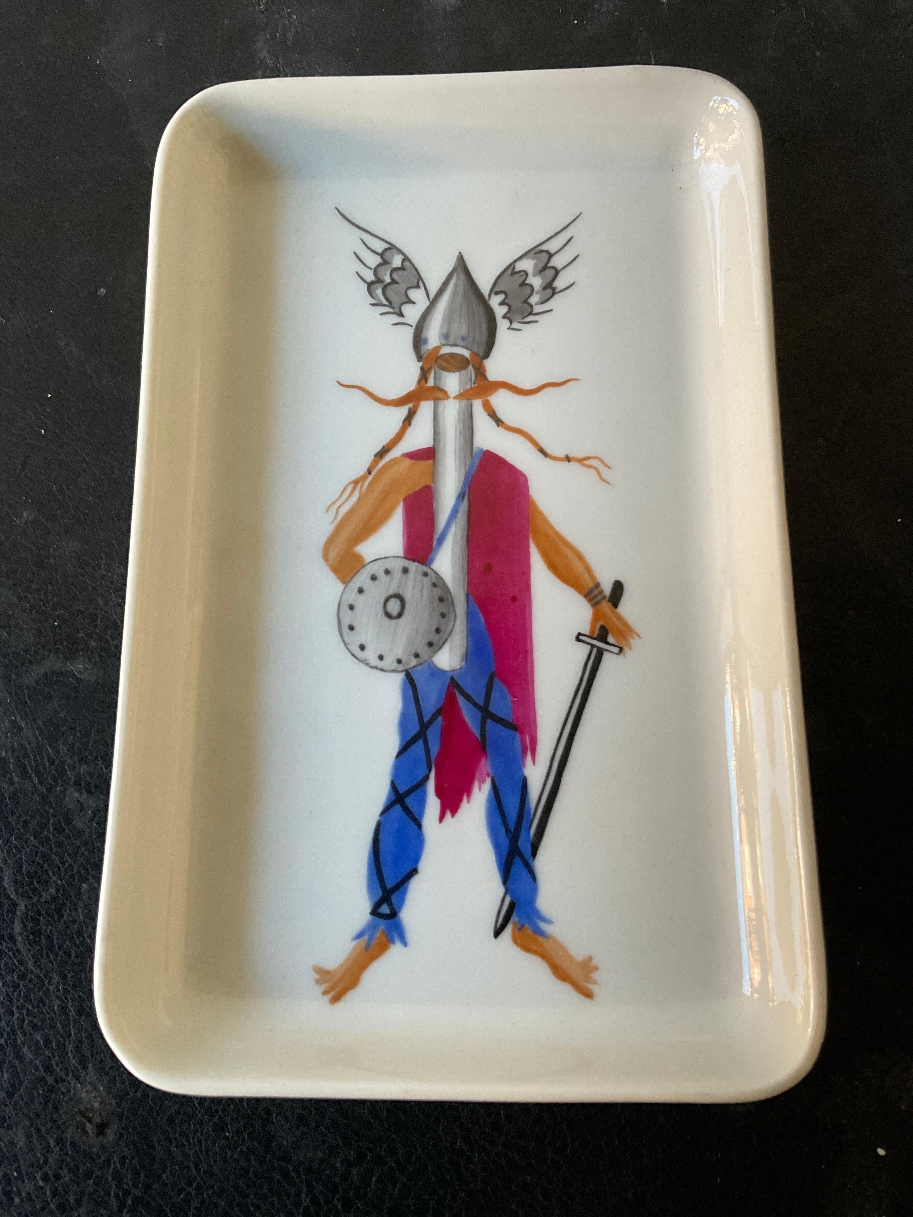 Ceramic Pair of Guy Thirion Limoges Trays of a Viking and British Royal Guardsman For Sale