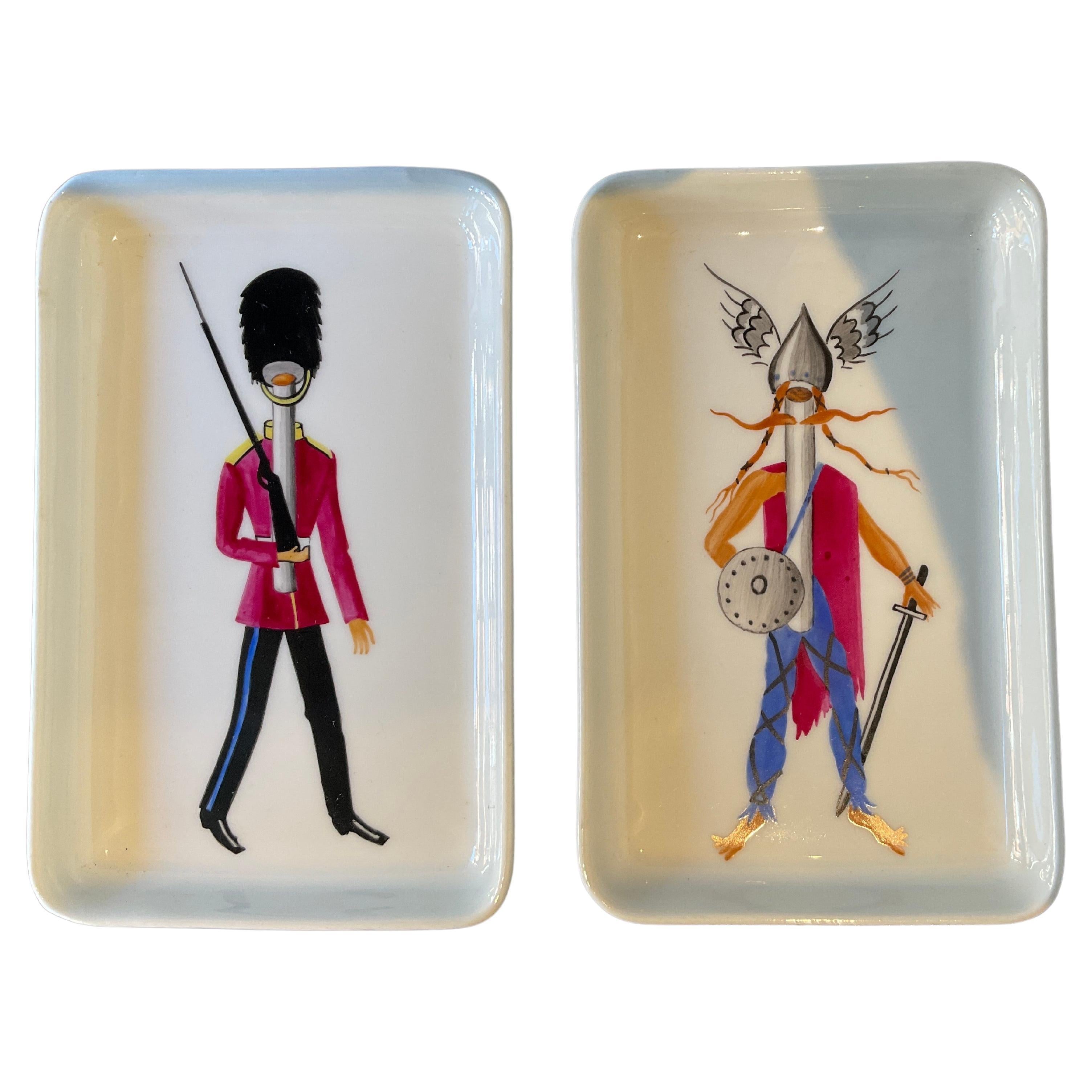 Pair of Guy Thirion Limoges Trays of a Viking and British Royal Guardsman For Sale