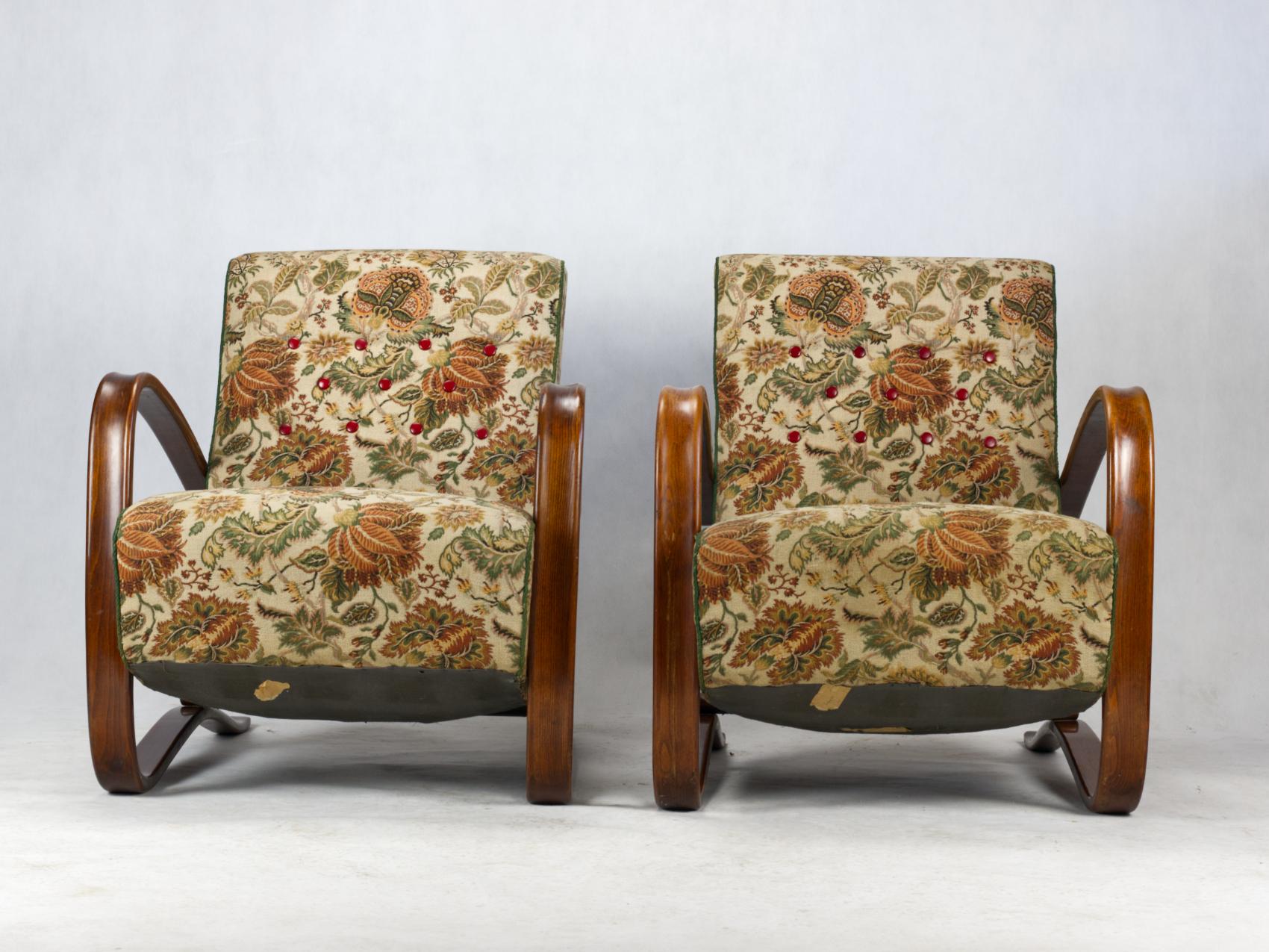 Art Deco Pair of H 269 Lounge Chairs by Jindřich Halabala for Up Závody Brno, 1930s