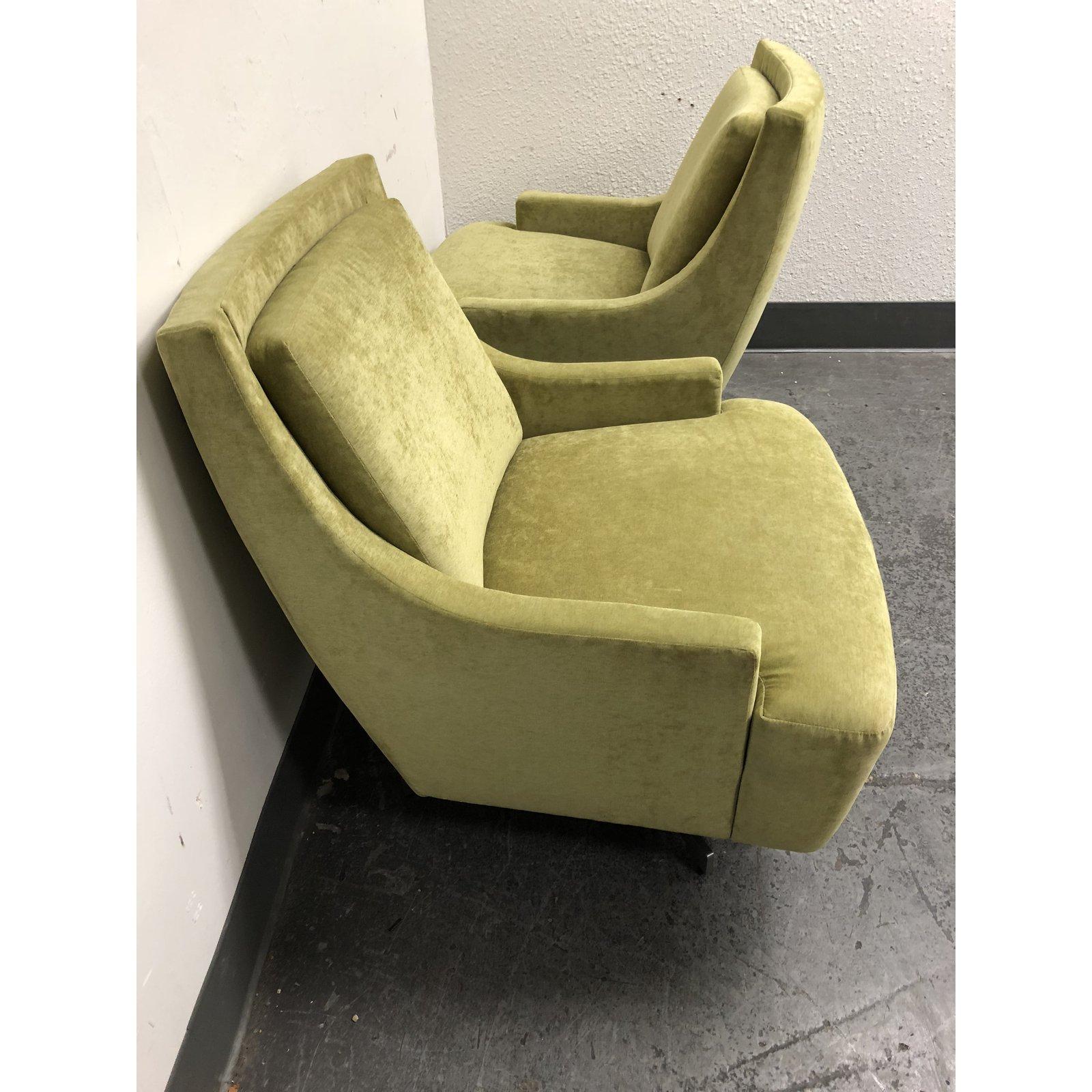 Pair of H B F Barbara Barry Pastel Green Upholstered Scoop Chairs In Good Condition For Sale In San Francisco, CA